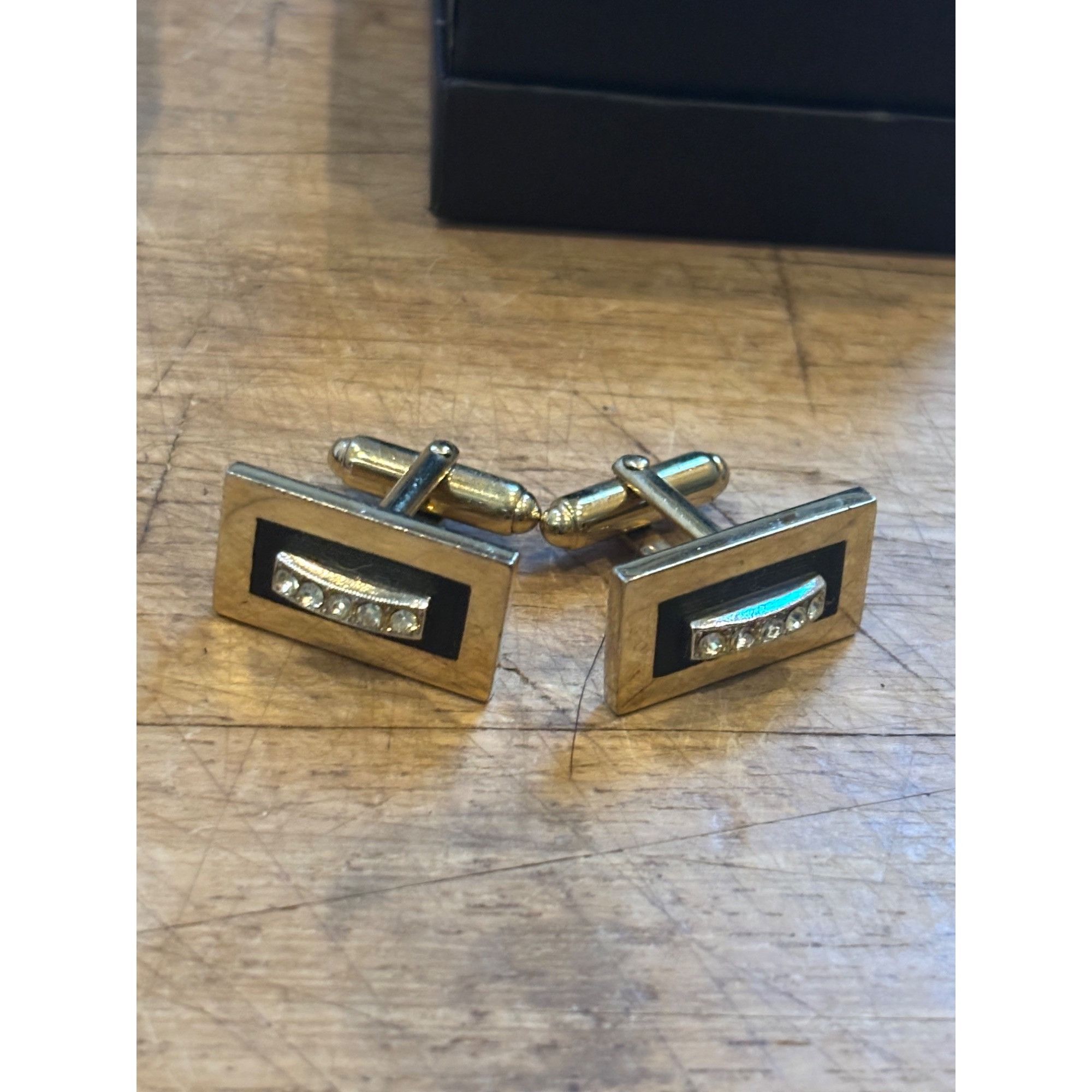 Other Vintage Gold-Tone Rectangular Cufflinks With Rhinestone & Bl Size 40 - 1 Thumbnail