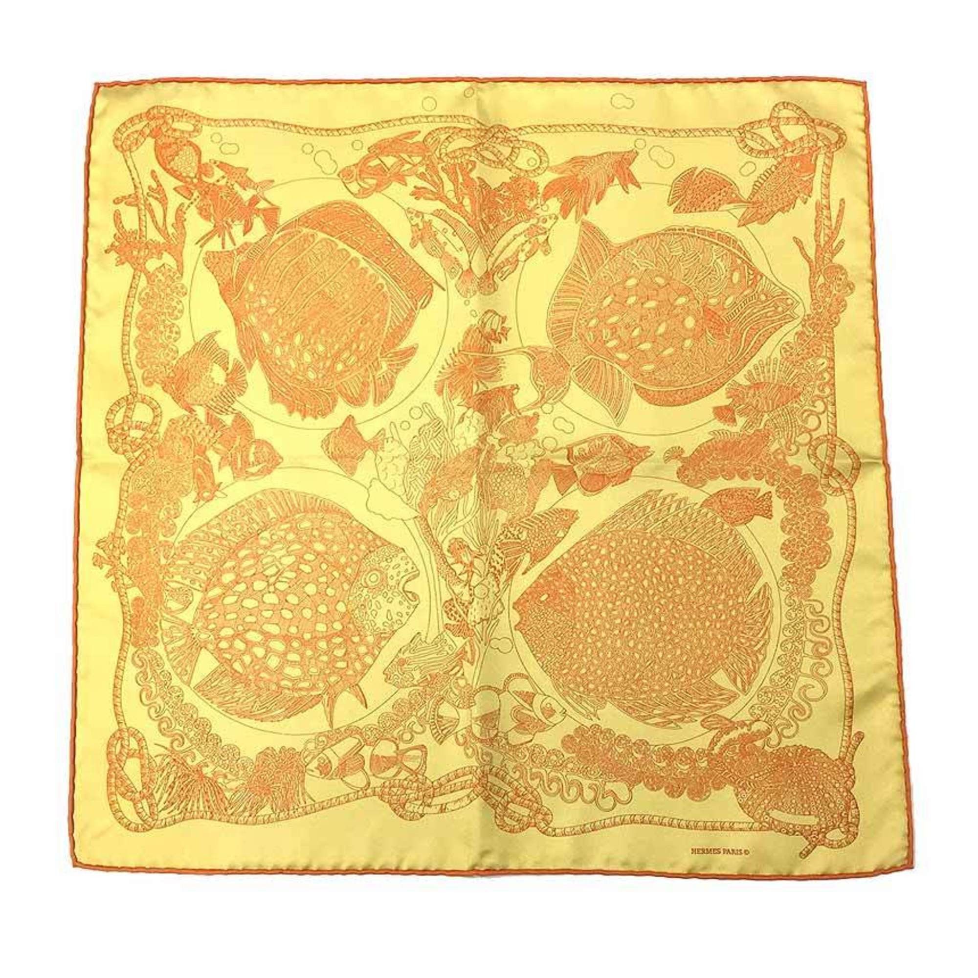image of Hermes Carre 45 Gavroche Scarf Muffler Grands Fonds Deep Sea Fish Yellow Orange Pocket Square Necke