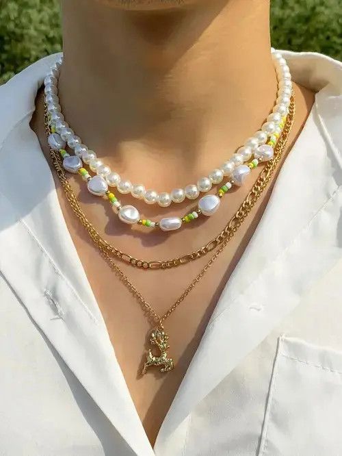 Jewelry x Vintage Retro Punk Pearl Necklace Chain 4Pc Set in Silver, Men's