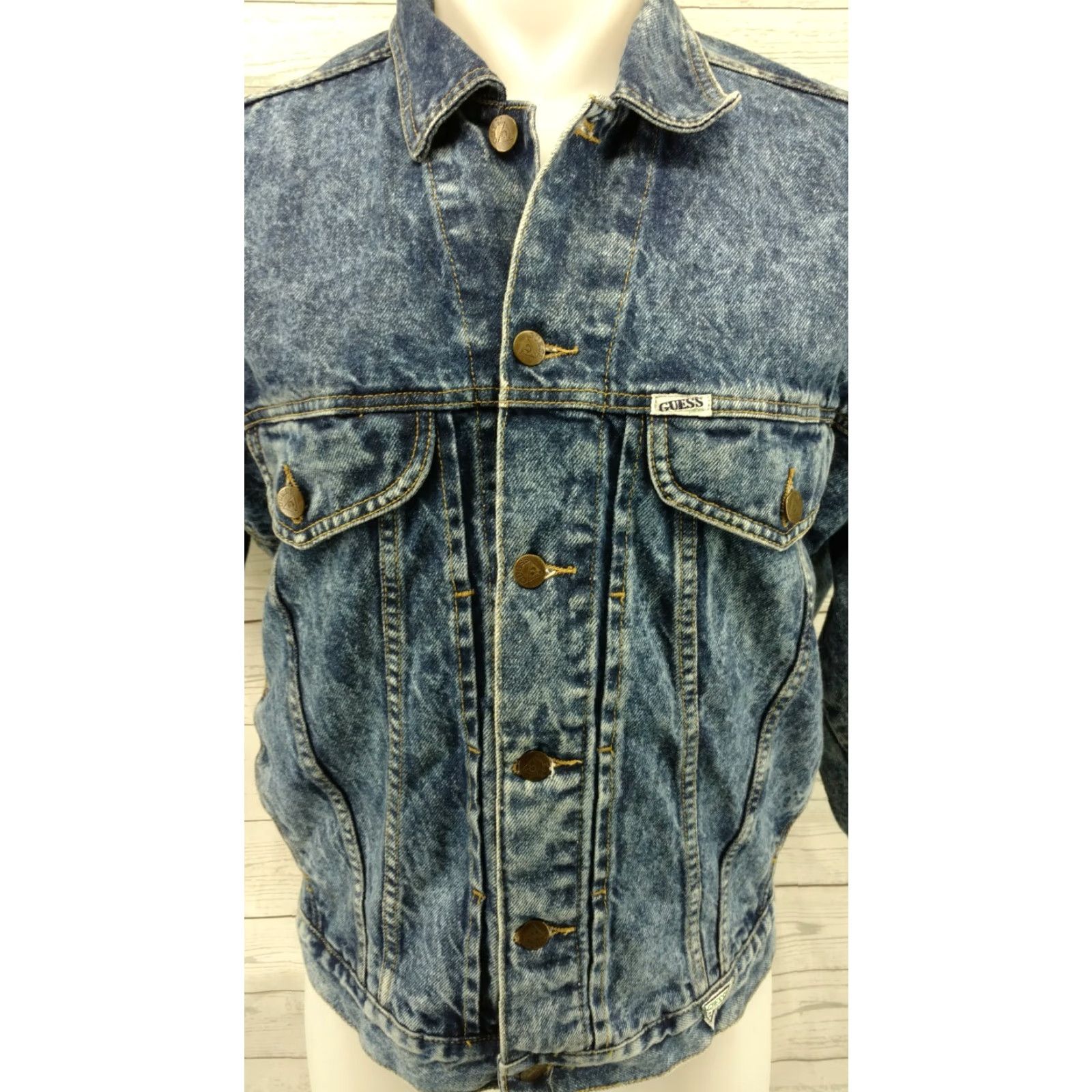 Guess VINTAGE GUESS Jeans Jacket Denim Trucker Dark Acid Wash 80s 90s Men’s Large Blue Size US 33 - 2 Thumbnail