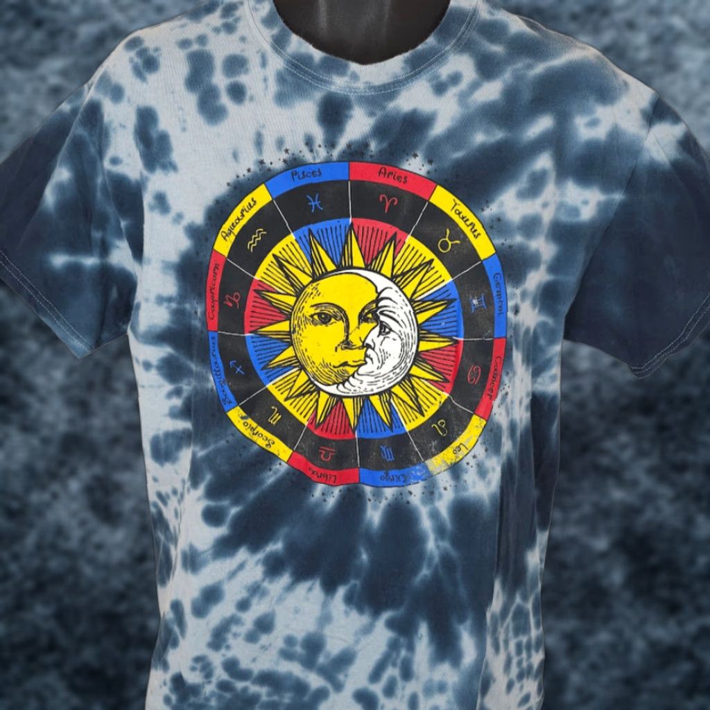Vintage Zodiac Astrology Chart T Shirt Mens Large Blue Tie Dye Sun Moon Chemistry Shirt Size US L / EU 52-54 / 3 - 1 Thumbnail