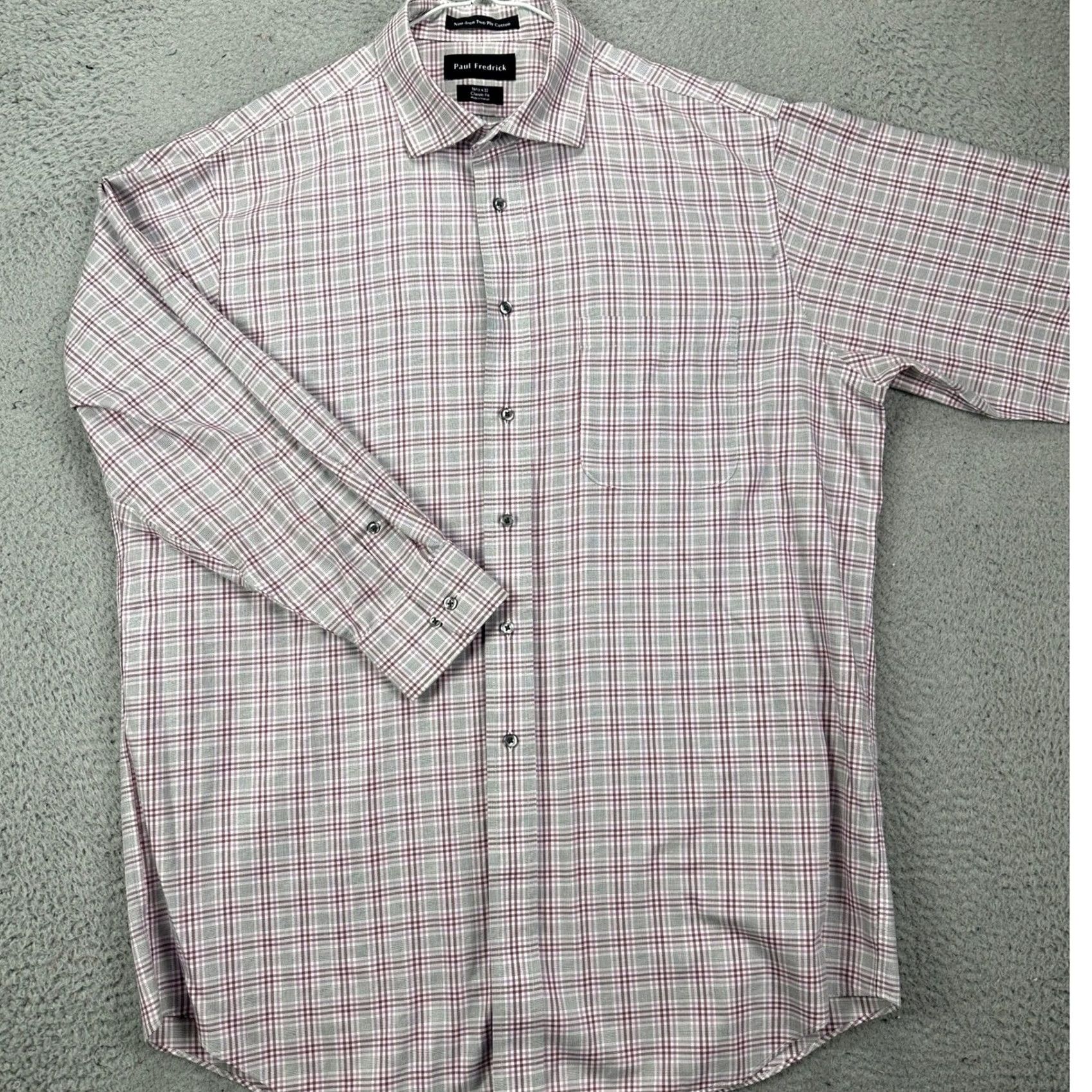Pinko Paul Fredrick Shirt Mens 16.5 Dress Gray Pink Classic Fit Plaid Button Up EUC Size 46R - 2 Thumbnail