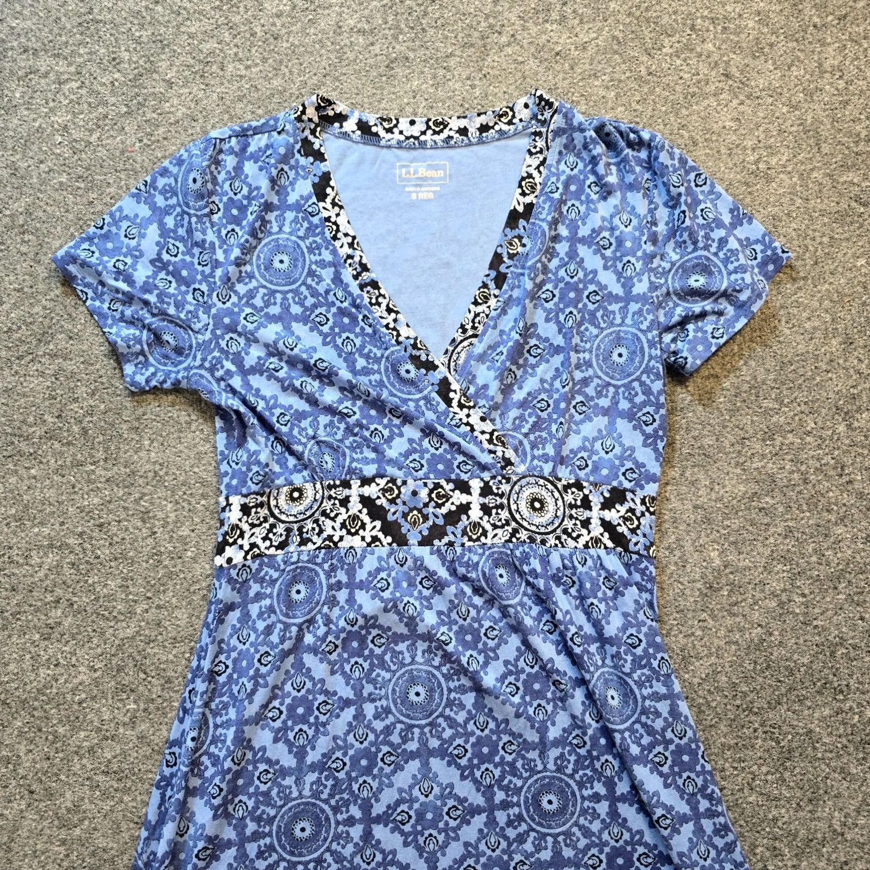 ll bean summer knit dress Womens Small Blue Floral Geometrc Stretch Casual MasterSku:KA6H2K01