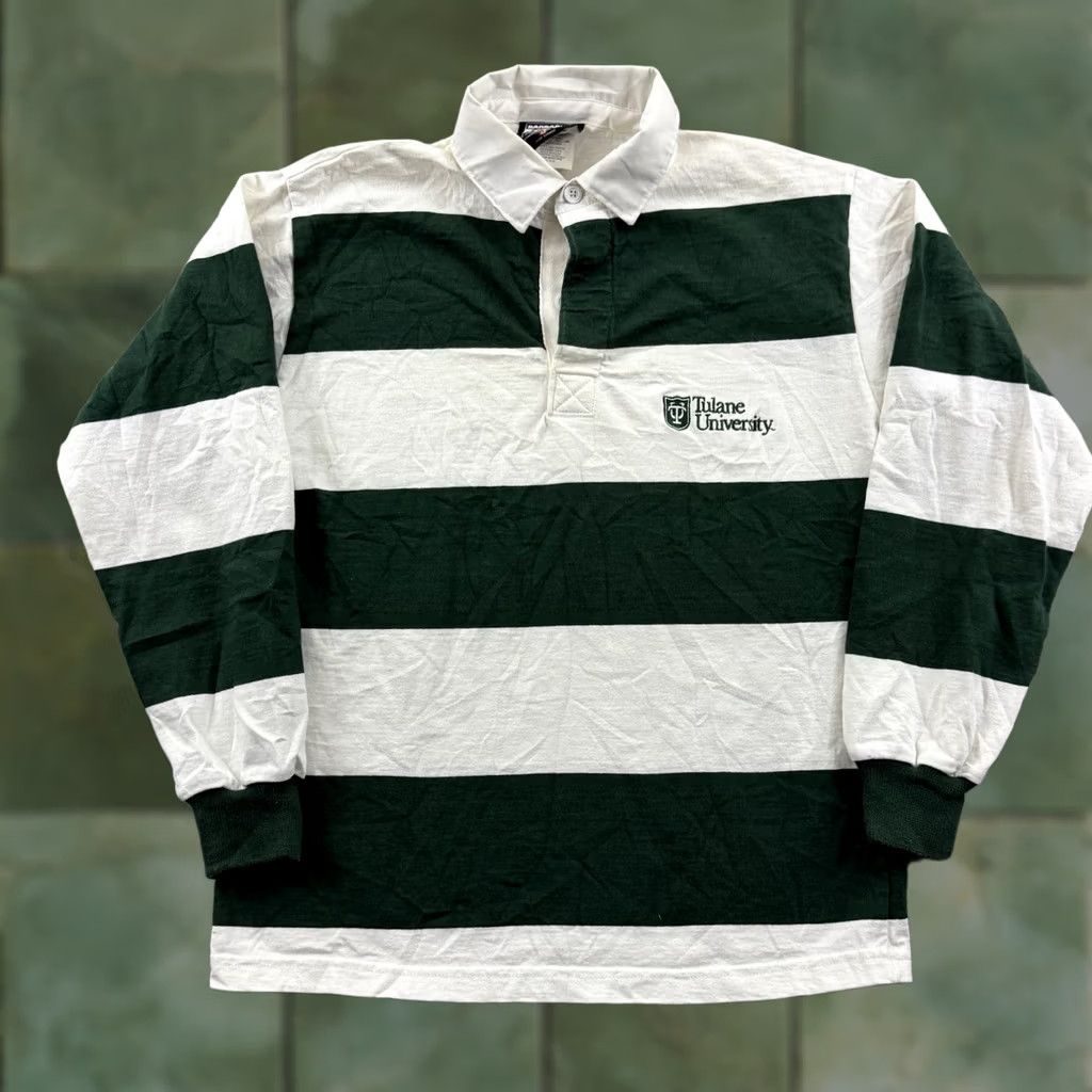 Barbarian VINTAGE Barbarian Polo Shirt Womens Small Green Striped Long Sleeve Button Collar Knit 100% Cotton Regular Size S / US 4 / IT 40 - 1 Thumbnail