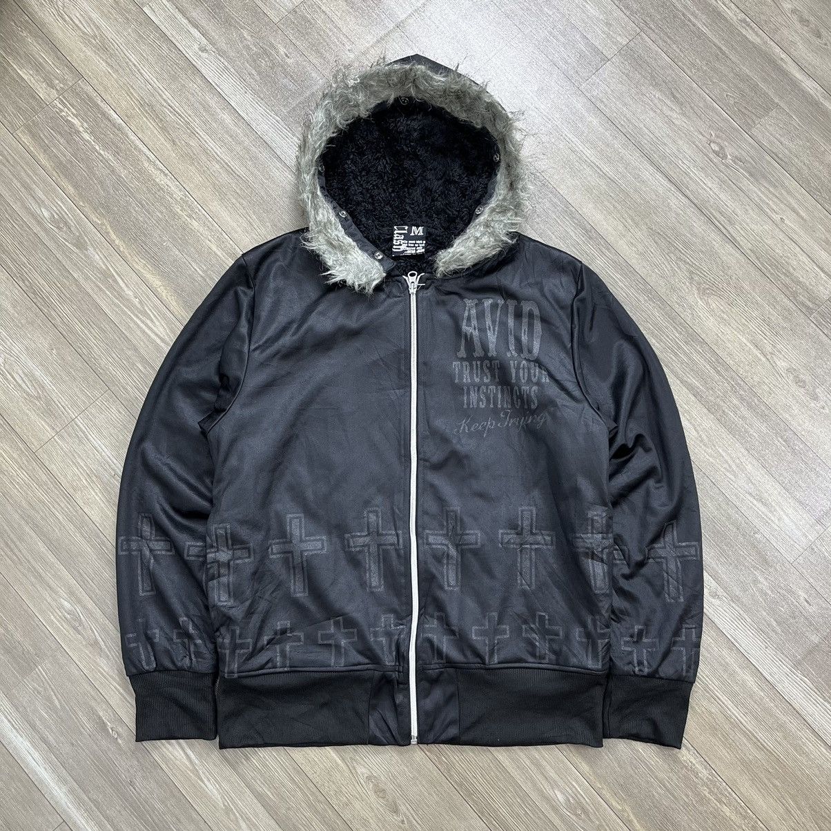 Y2K Clash Fur Cross Black on Black Skulls Goa Lgb Zip Hoodie