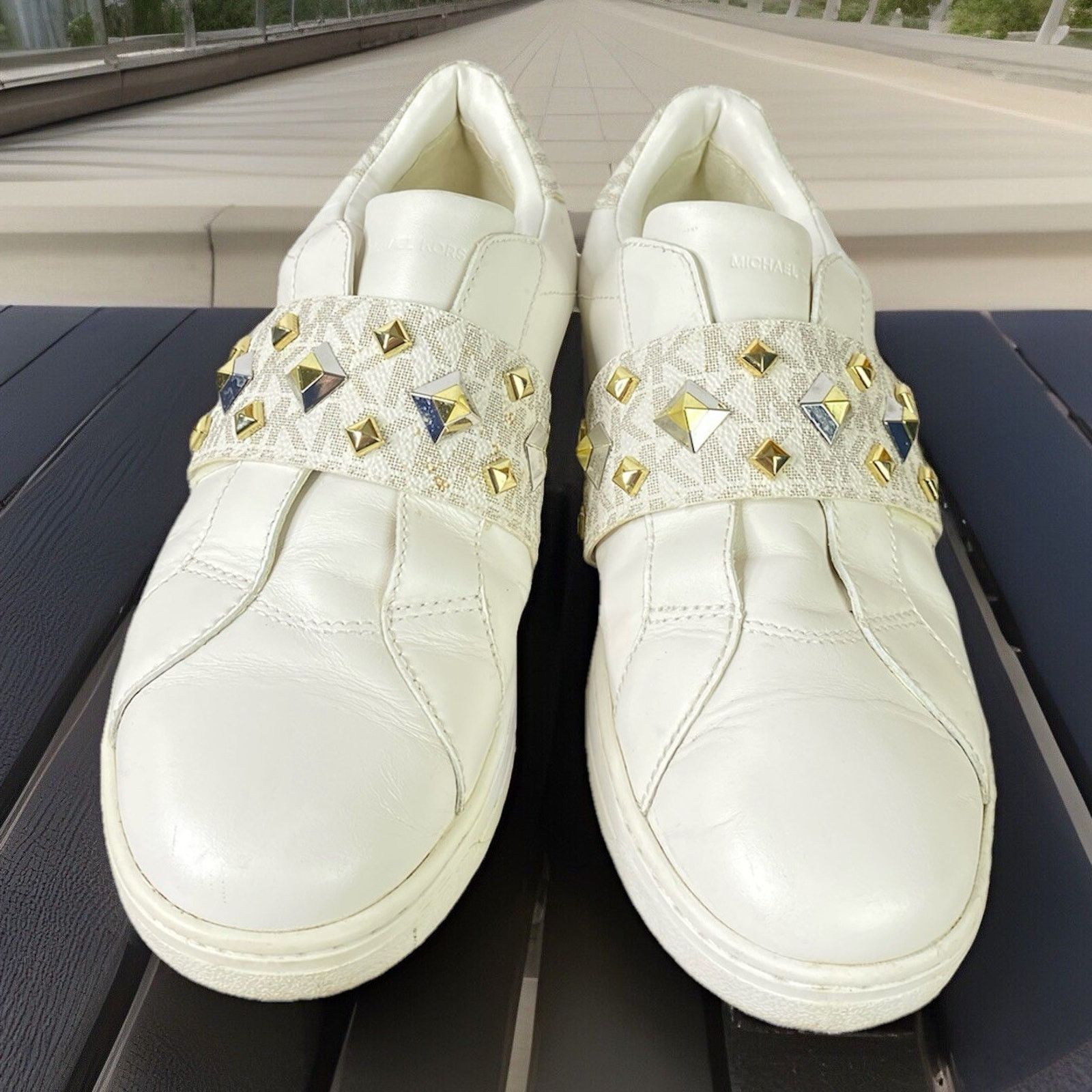 Michael Kors MICHAEL MICHAEL KORS KENNA White/Gold STUDDED Lther Sneaker Size US 7.5 / IT 37.5 - 2 Thumbnail