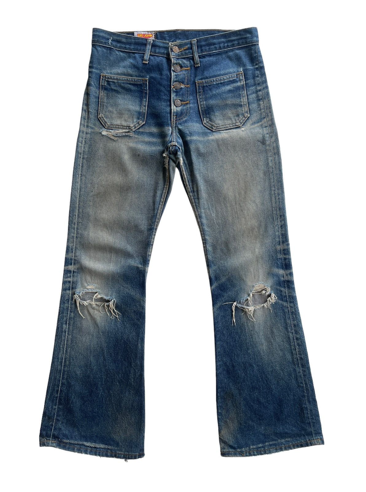 image of Big John x Distressed Denim Vintage Bushpants Heavy Distressed Flare Jeans in Blue Denim (Size 30)