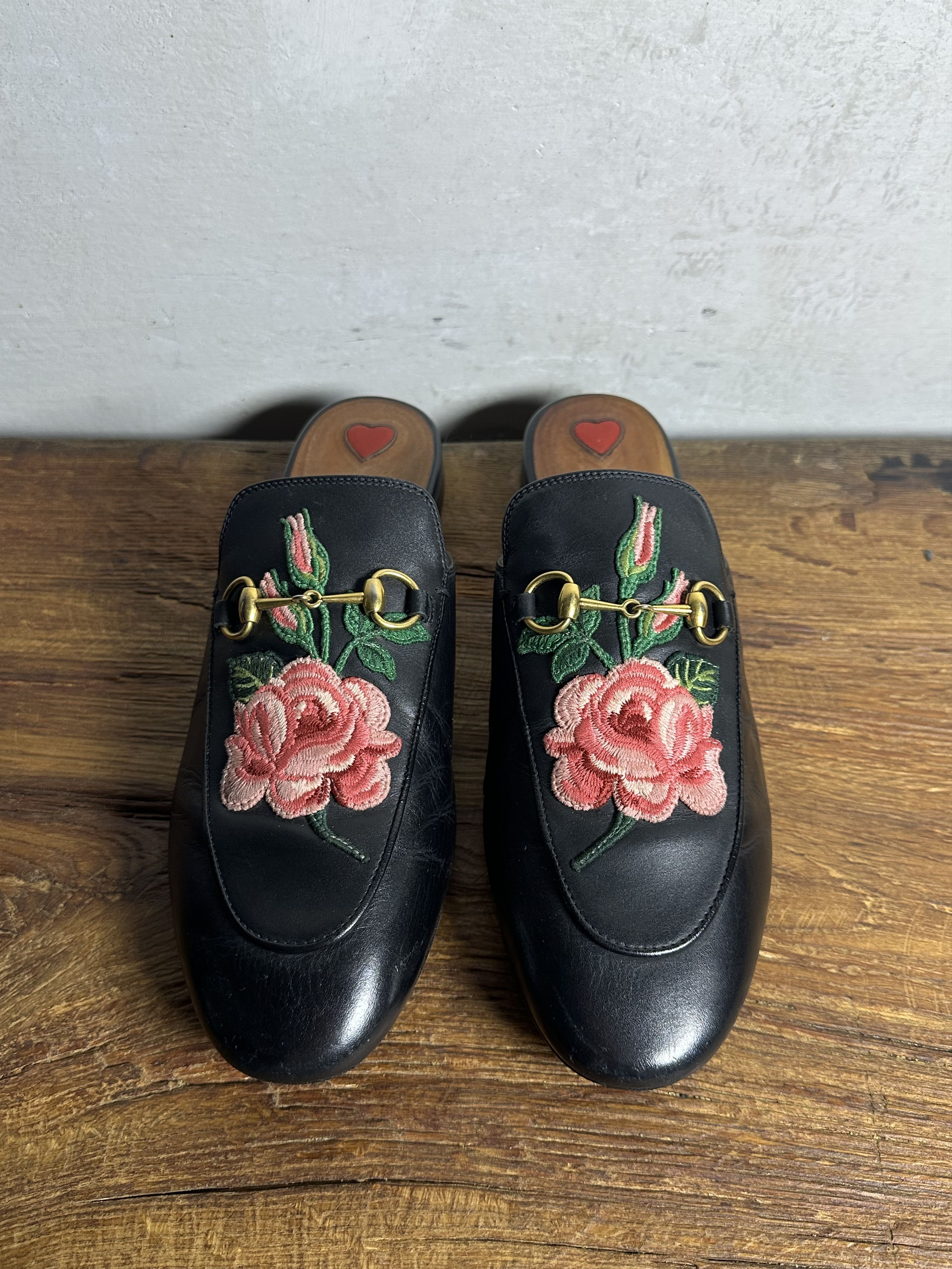 Gucci GUCCI Rose Embroidered Princetown Horsebit Leather Mules Size US 10 / IT 40 - 9 Thumbnail