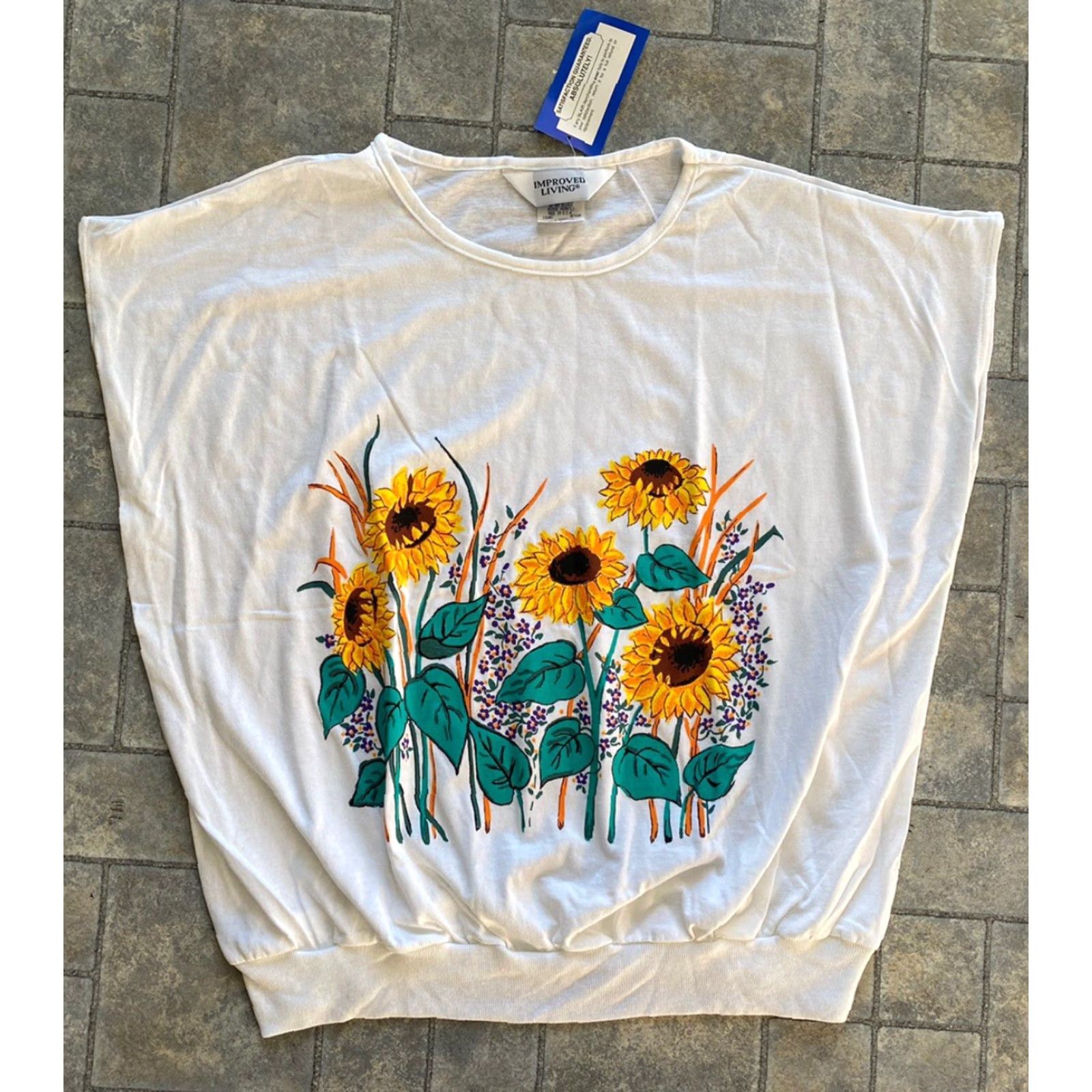 Blair VINTAGE Blair Improved Living Women’s Sleeveless T-Shirt Sunflowers L White Womens Size L / US 10 / IT 46 - 2 Thumbnail