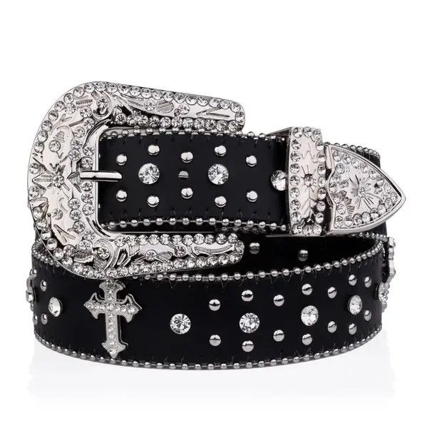 VIBE Black Cross Rivet Belt Engraved Buckle Rhinestone Size ONE SIZE - 1 Thumbnail