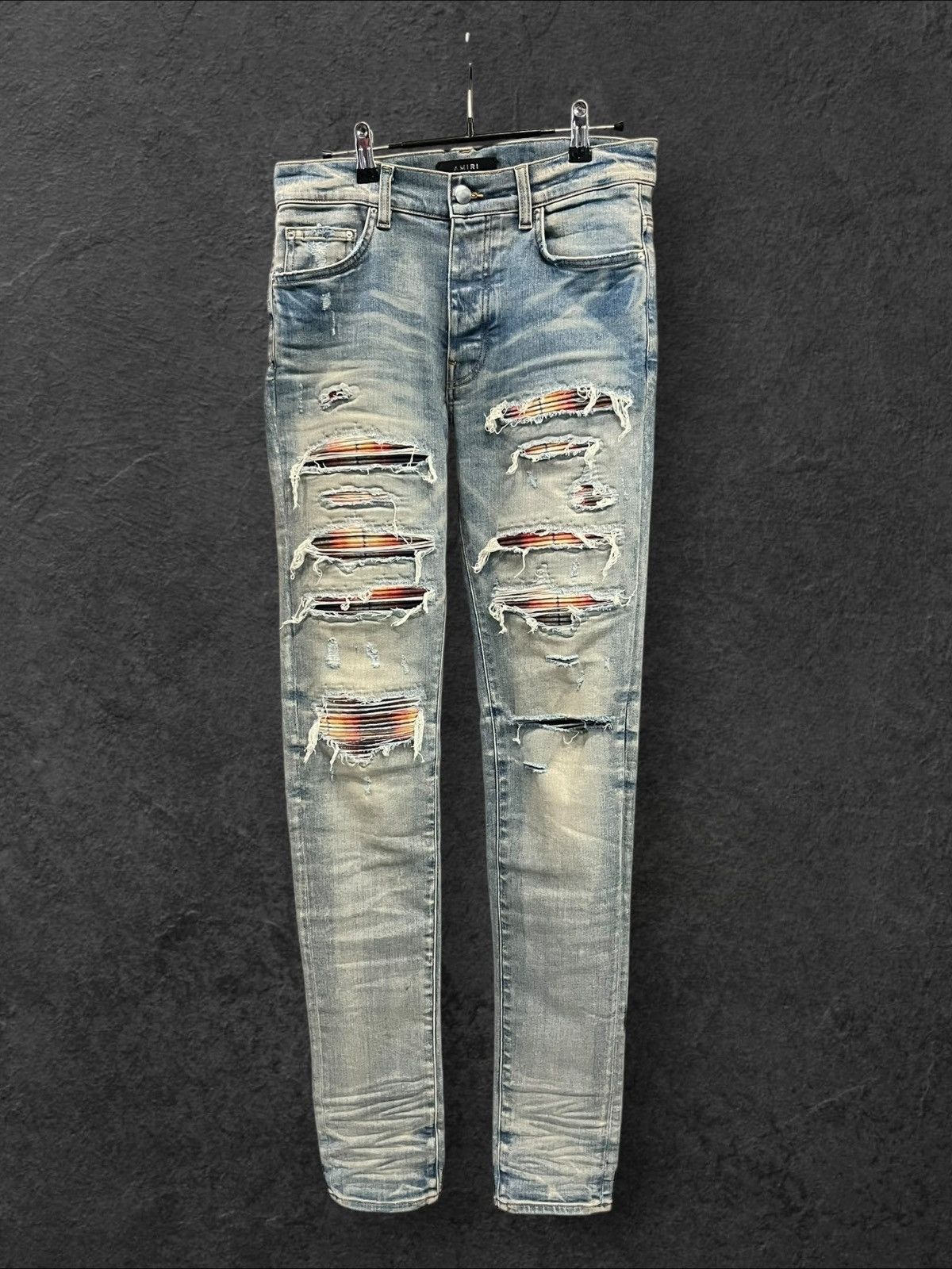 AMIRI MEN'S PLAID BANDANA DISTRESSED THRASHER DENIM SIZE 30