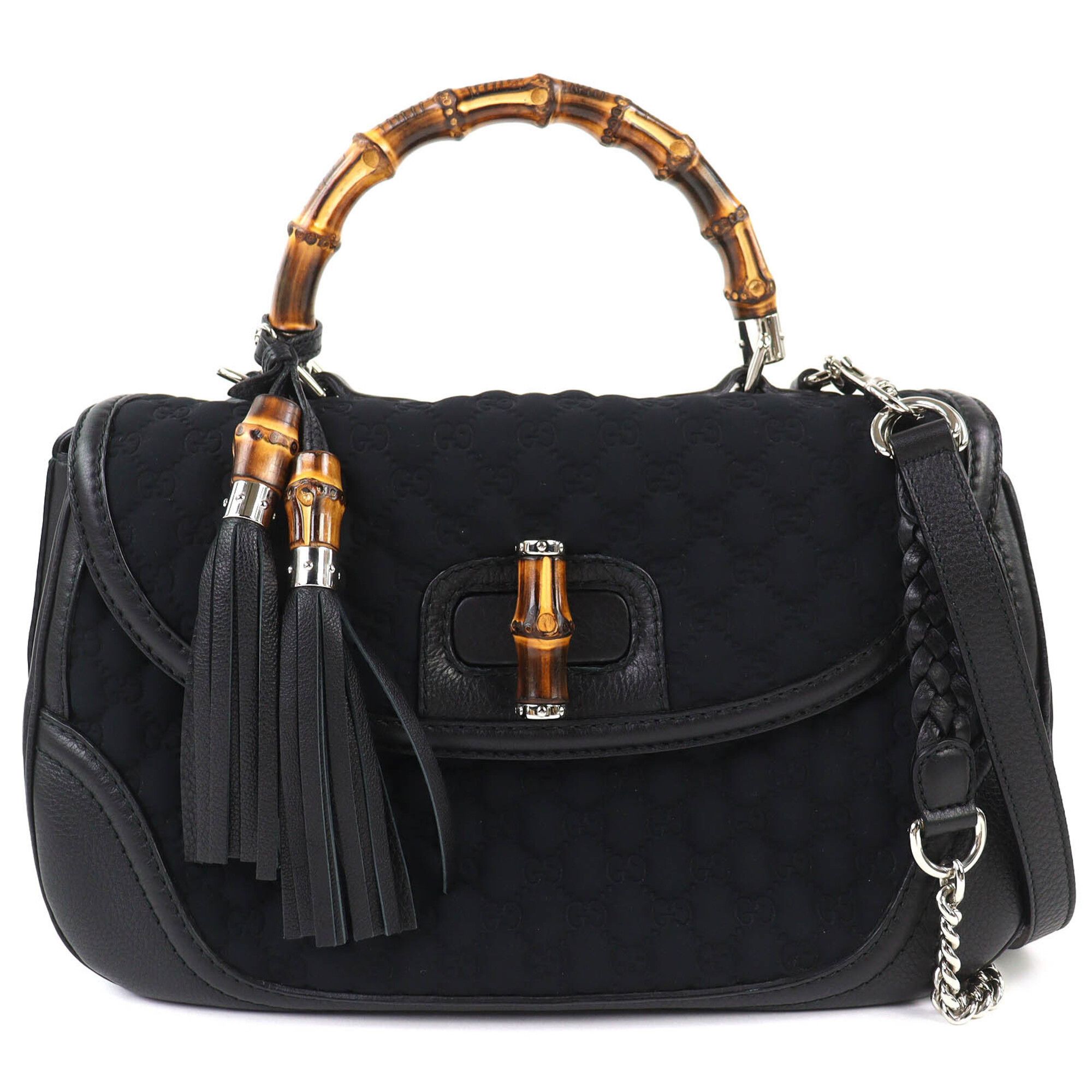 Gucci GUCCI 240241 Leather Microssima New Bamboo 2-Way Handbag Chain Shoulder Bag Black Silver Hardware with Dust Made in Italy Women's Size ONE SIZE - 1 Thumbnail