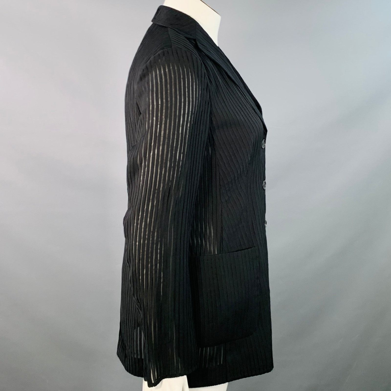 Akris AKRIS Black Polyester Textured Stripe Notch Lapel Blazer Size L / US 10 / IT 46 - 2 Thumbnail