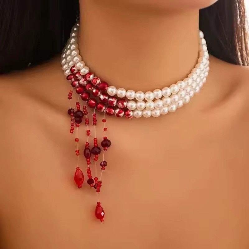 Other Multilayer Red Blood Pattern Imitation Pearl Necklace Size ONE SIZE - 1 Thumbnail