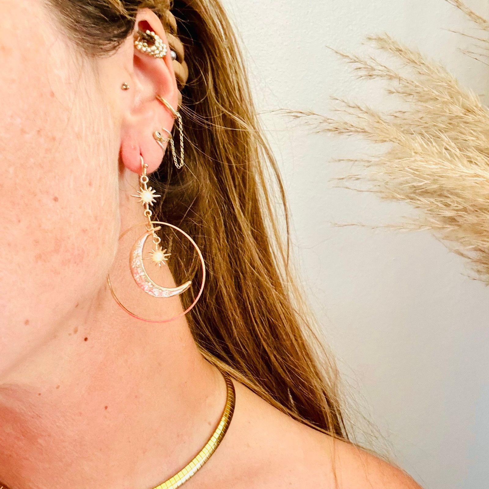 Anthropologie ANTHROPOLOGIE Gold Sun Moon Stars Boho Hoop Earrings Jewelry Size ONE SIZE - 4 Thumbnail