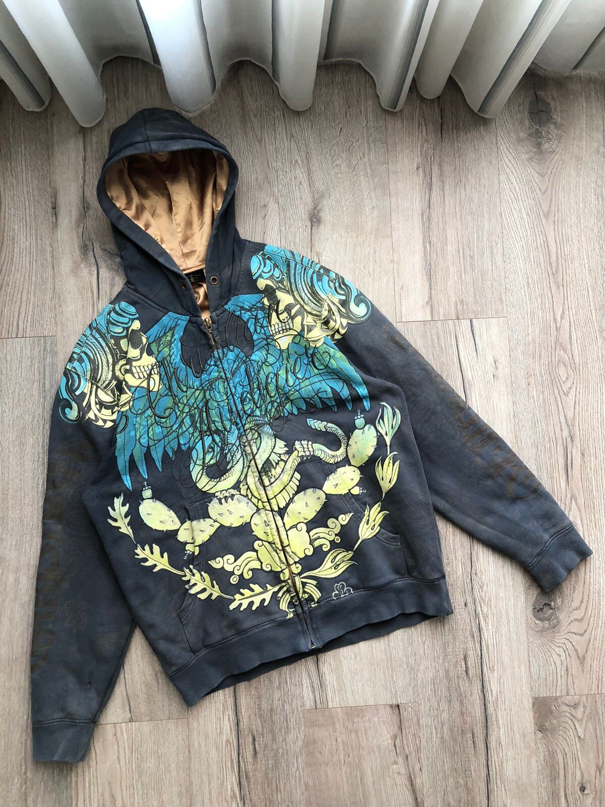 Pre-owned Christian Audigier X Ed Hardy By Christian Audigier Tattoo Print Zip Hoodie In Gray Gold