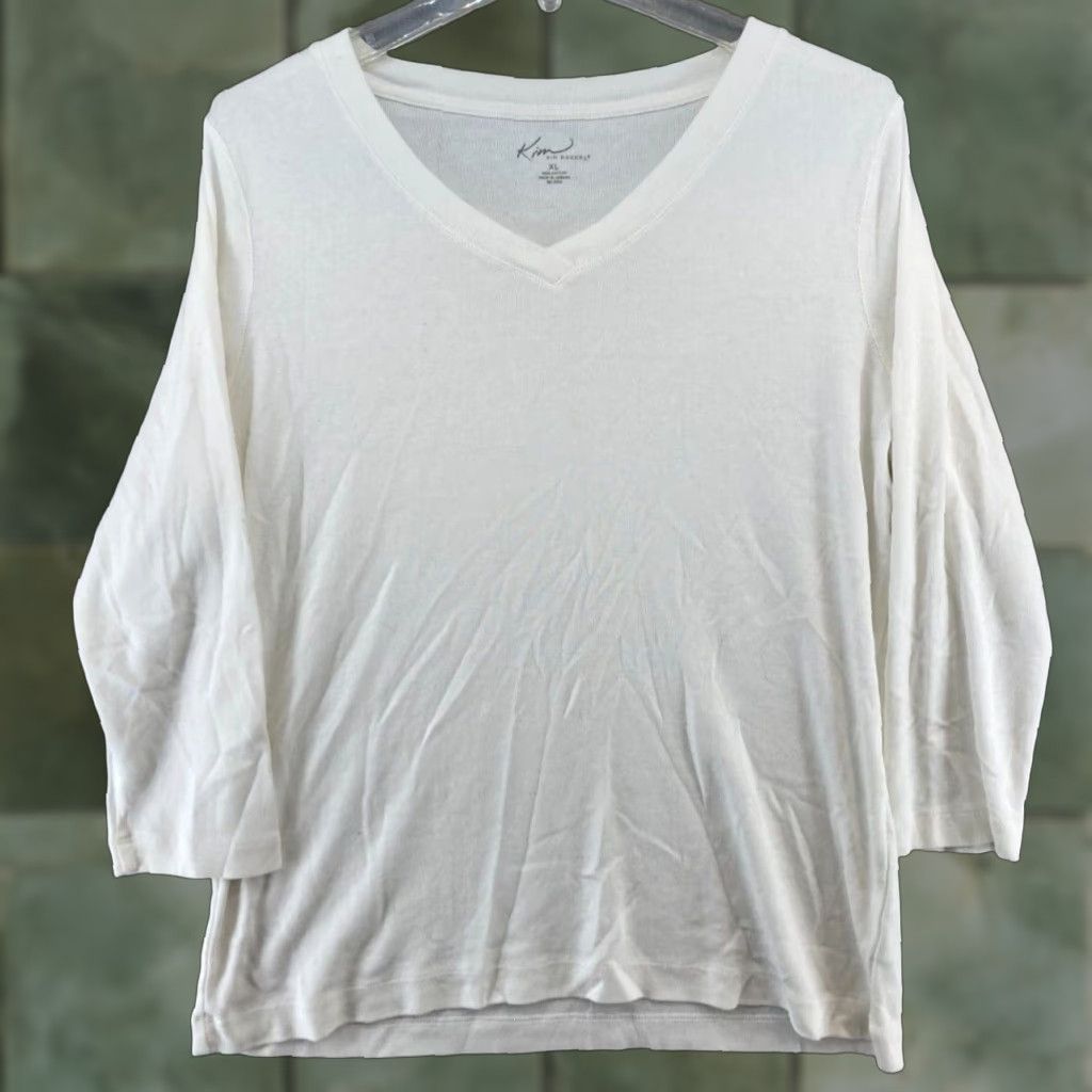 Vintage Kim Rogers Women's Blouse XL White V-Neck 3/4 Sleeve Solid Casual Classic Size XL / US 12-14 / IT 48-50 - 1 Thumbnail