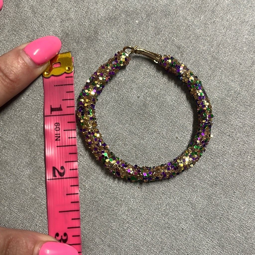 Other Sparkle Mardi Gras Purple Green Gold Bling Hoop Earrings NWO Size ONE SIZE - 4 Thumbnail
