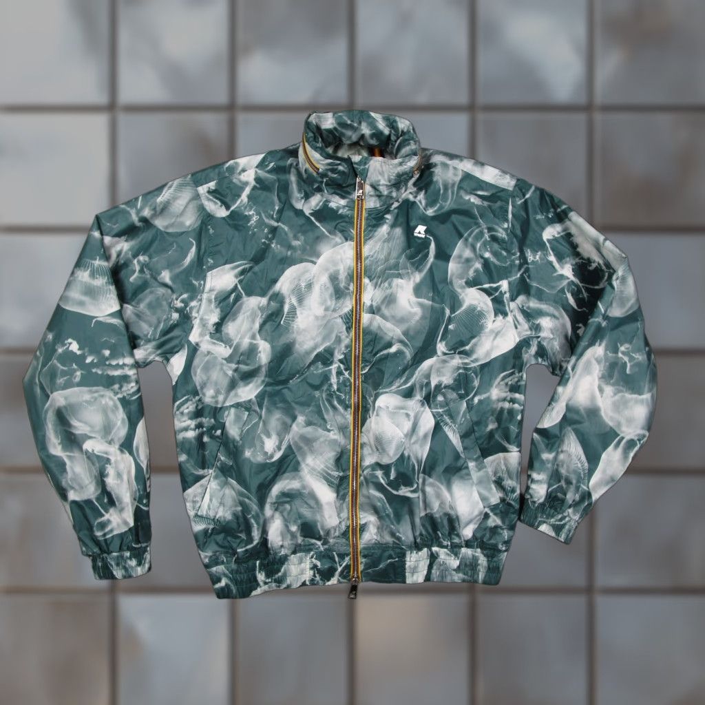 K-Way K-Way Jacket Women 8 UK Green White Jellyfish Print Hooded Windbreaker Full Zip Size S / US 4 / IT 40 - 1 Thumbnail