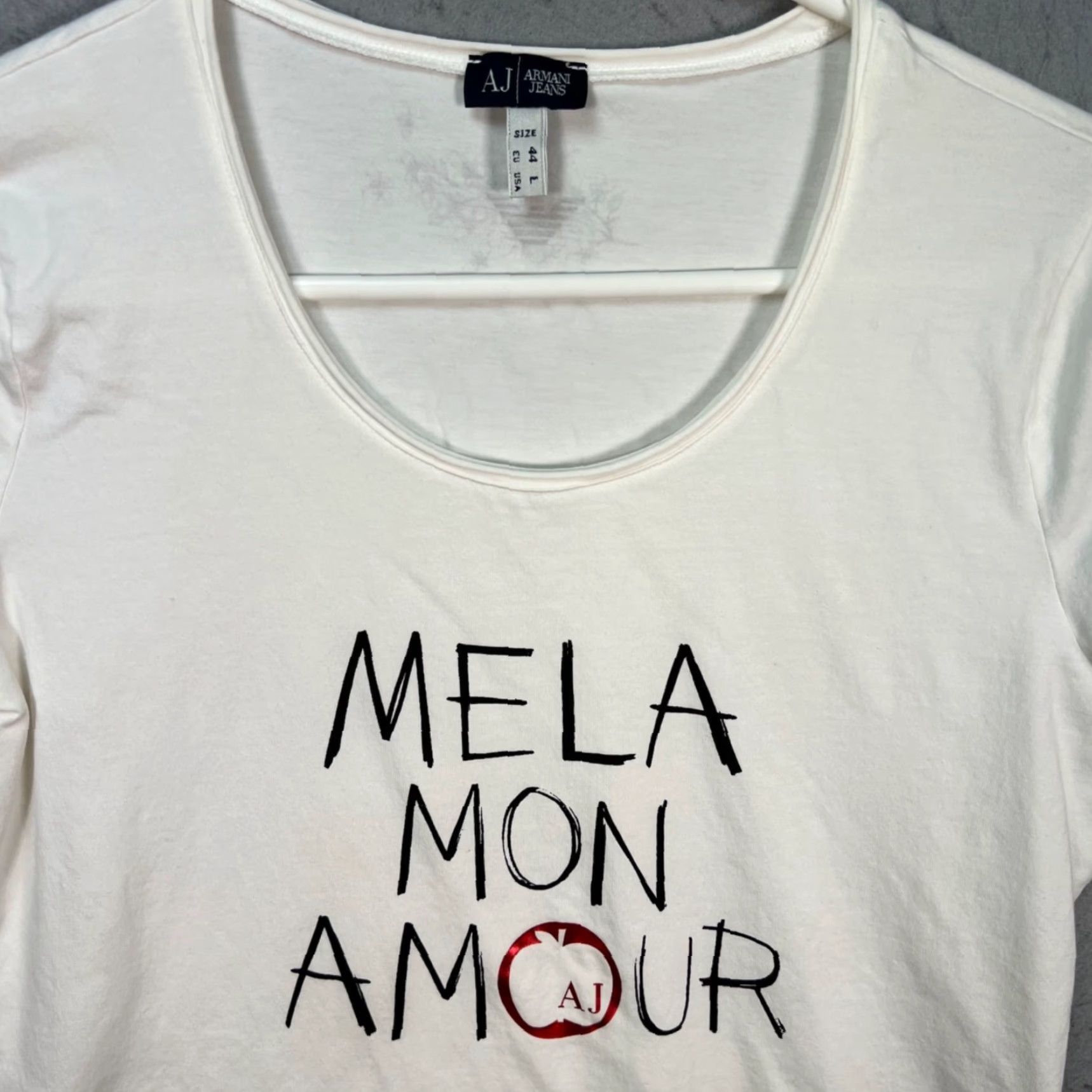 Vintage Armani Jeans Womens T-Shirt White Mela Mon Amour Graphic Tee Size L Size L / US 10 / IT 46 - 5 Thumbnail