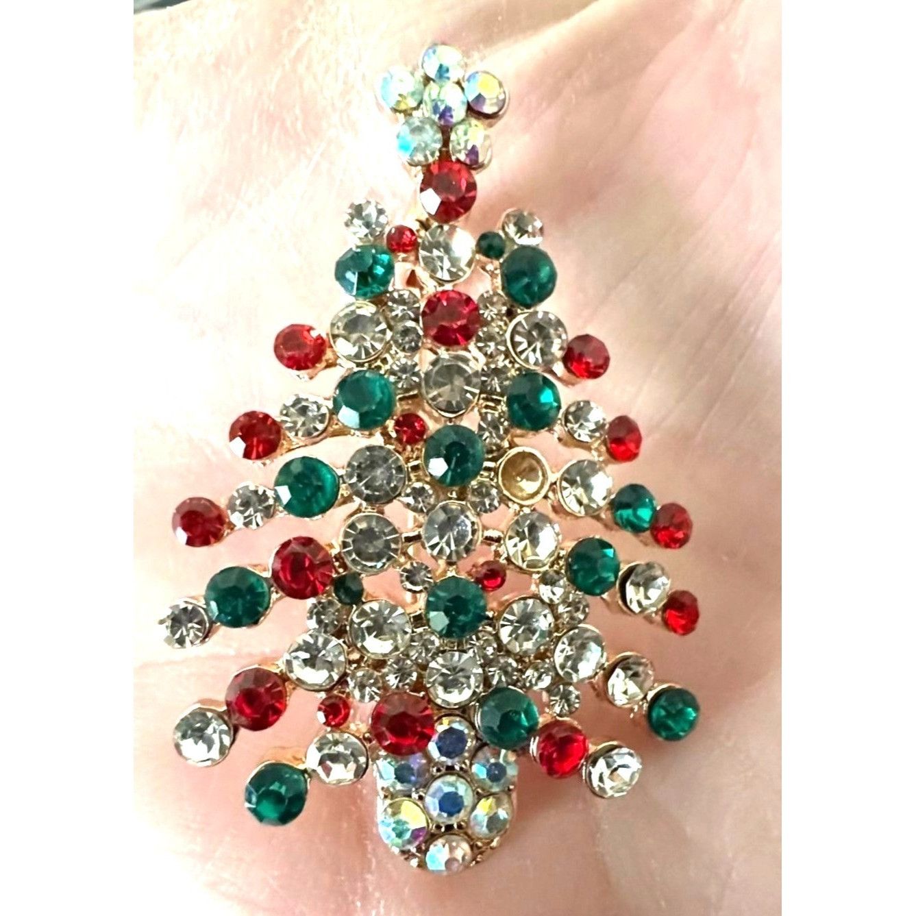 Handmade Rhinestone Christmas Tree Brooch Pin New Aurora Borealis Re Size ONE SIZE - 5 Thumbnail