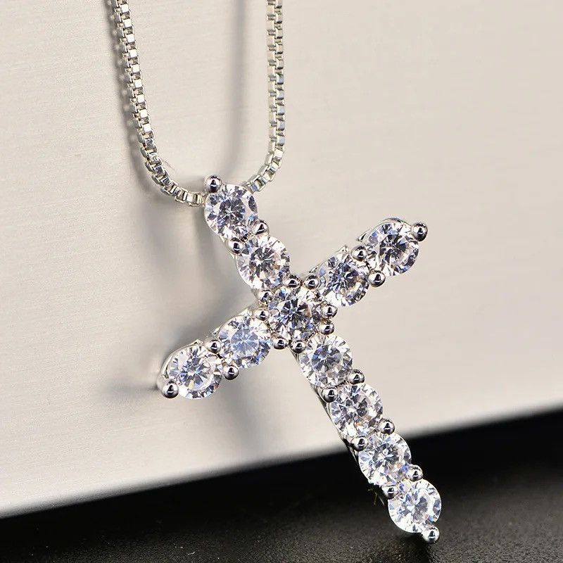 Jewelry × Sterling Silver 925 Sterling Silver Necklace Shiny crystal cross Pendant Size ONE SIZE - 4 Thumbnail