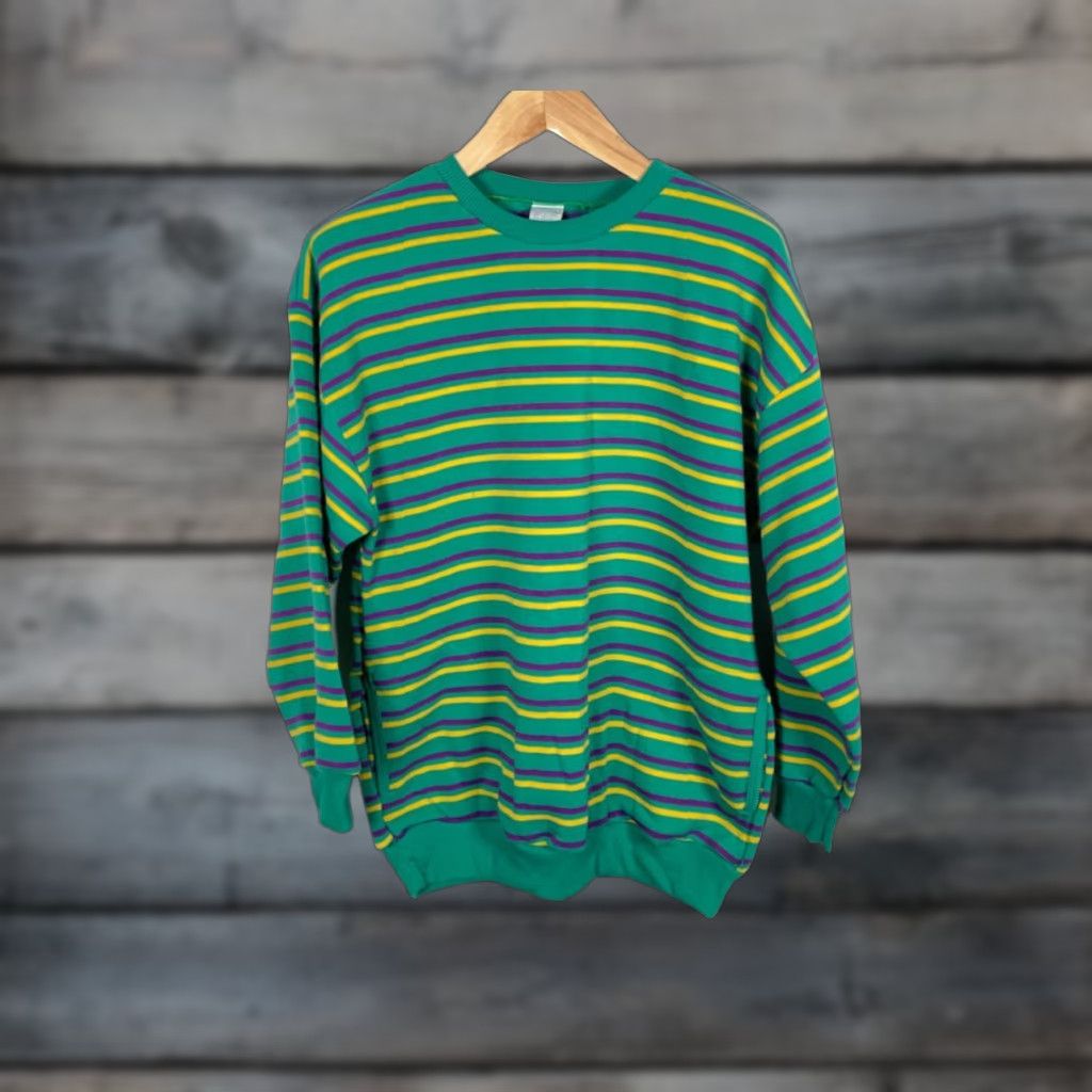 Vintage VINTAGE 90s Striped Pattern Sweatshirt Upper Level Men Green Purple Yellow Crewneck Pockets Large Shirt Pullover Size US L / EU 52-54 / 3 - 1 Thumbnail