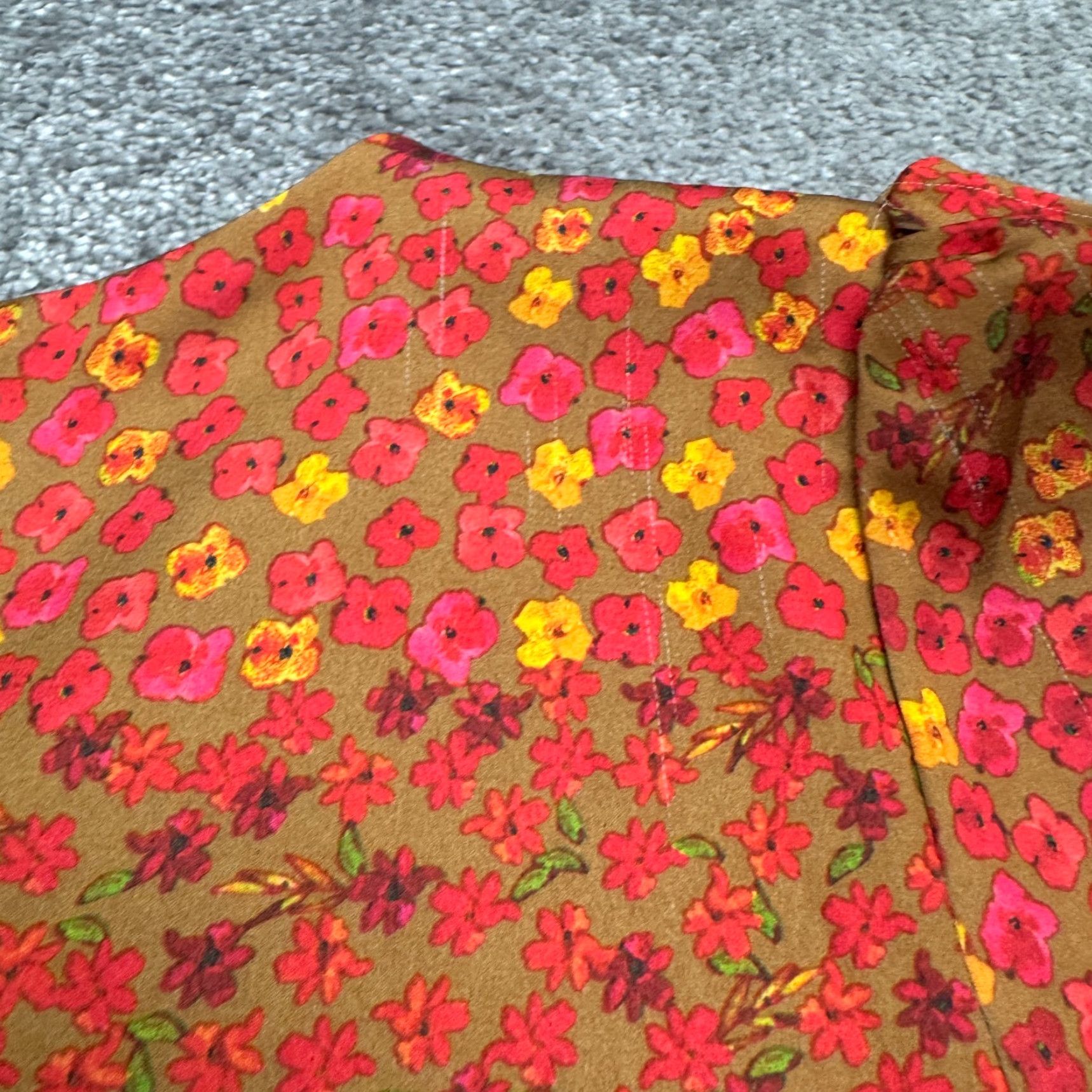 Vintage Honey Punch Dress Womens Large A-Line Mini Floral Rust Brown Puff Short Sleeve Size 36" / US 14 / IT 50 - 3 Thumbnail