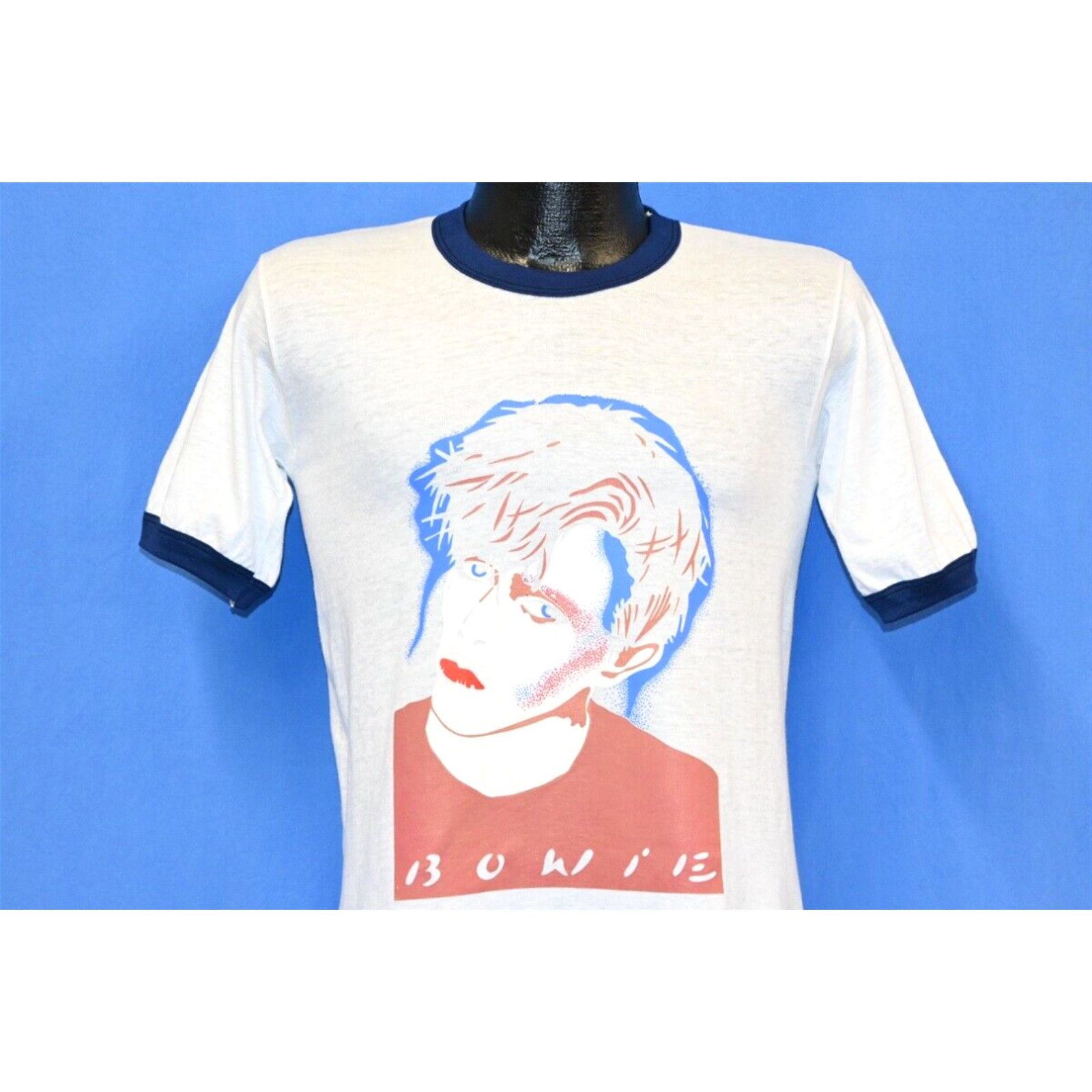 image of Hanes Vintage 80's David Bowie Iron On Profile Graphic Ringer White T-Shirt Small S, Men's