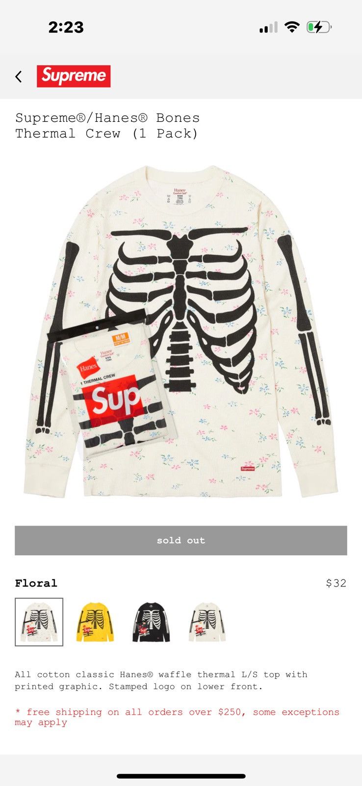 Hanes × Supreme SUPREME/HANES BONES FLORAL THERMAL | Grailed