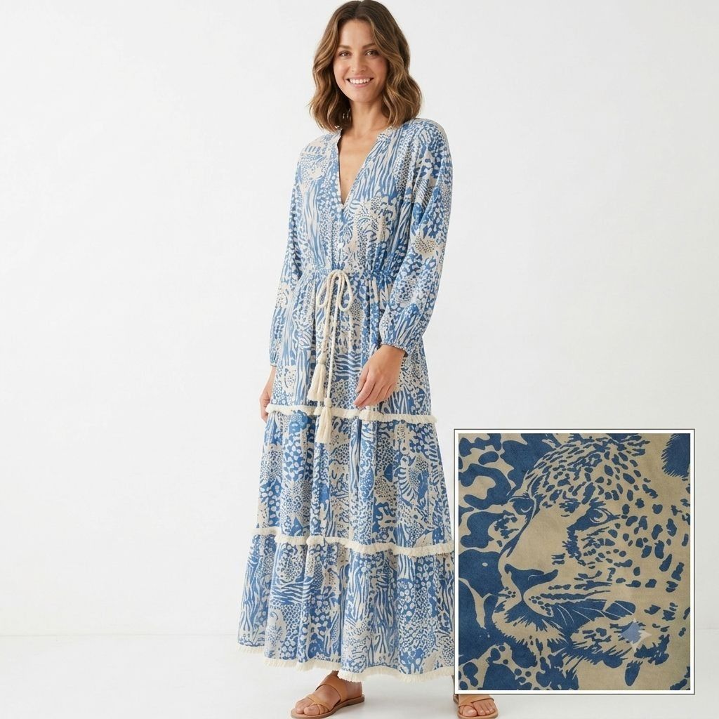 Other Bognar Blu Long Sleeve Blue Animal Print Midi Dress Size M Size M / US 6-8 / IT 42-44 - 1 Thumbnail