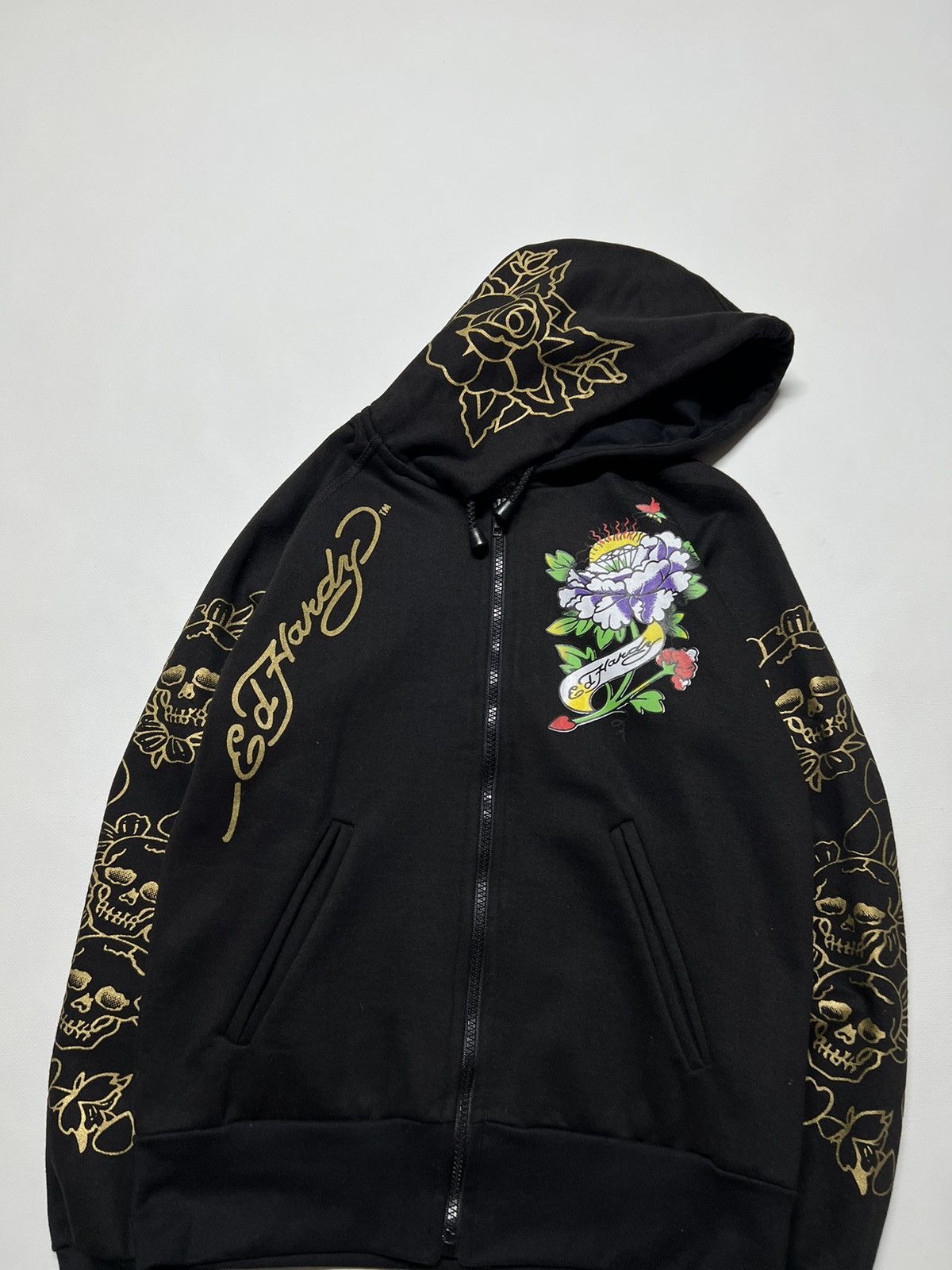Vintage Y2k Ed Hardy Flower 🌸 Diamond Banner Zip Hoodie 00’s