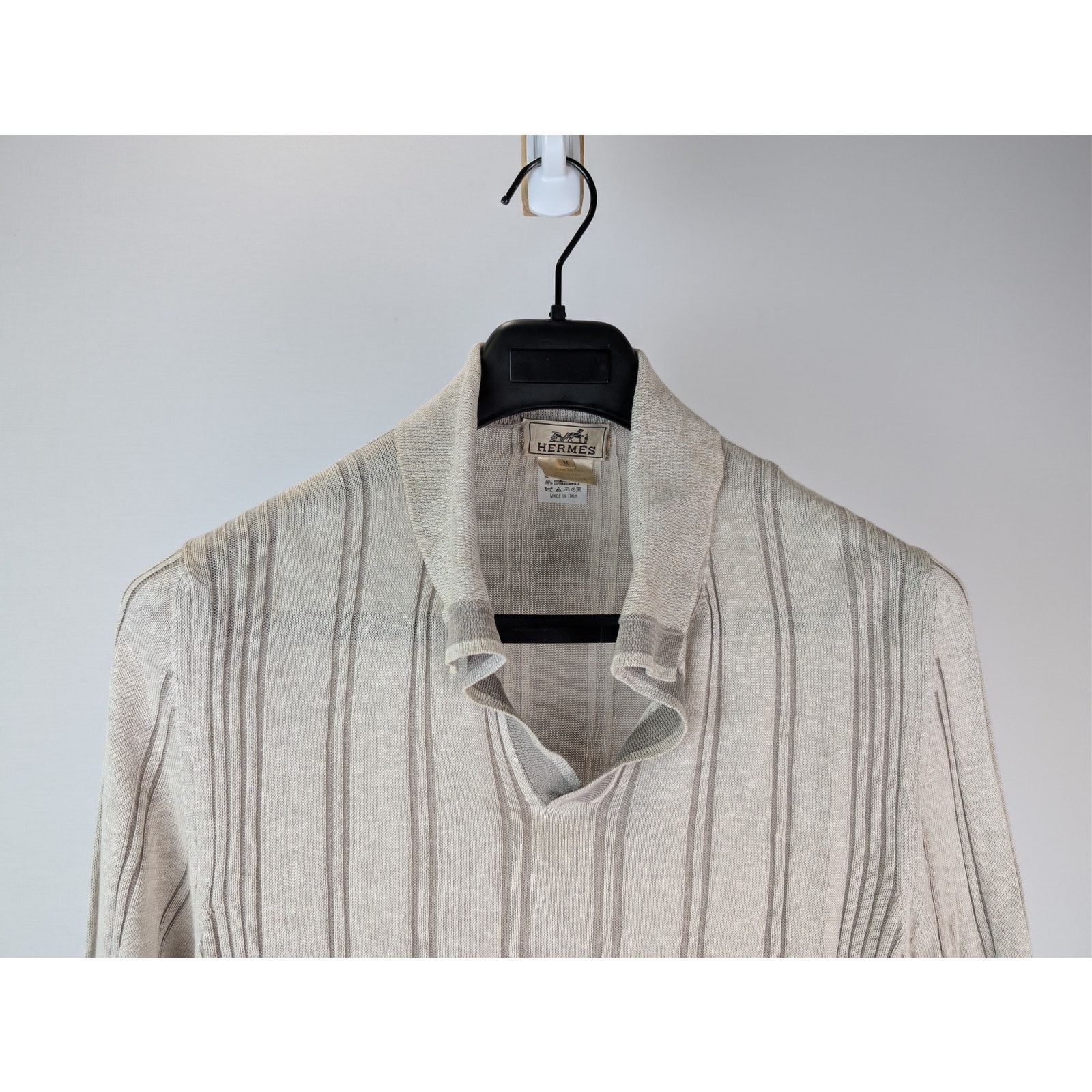 Hermes o1rshd1 CC20 Striped Knit Long-Sleeve Polo Shirt in Beige Size US M / EU 48-50 / 2 - 3 Thumbnail
