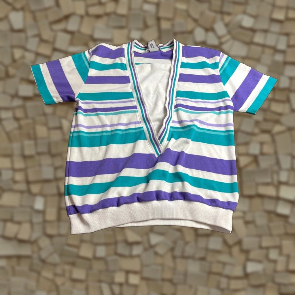 Jantzen JANTZEN Classics Sweater Women's L Multicolor Striped V-Neck Short Sleeve Pullover Knit Shirt Size L / US 10 / IT 46 - 1 Thumbnail