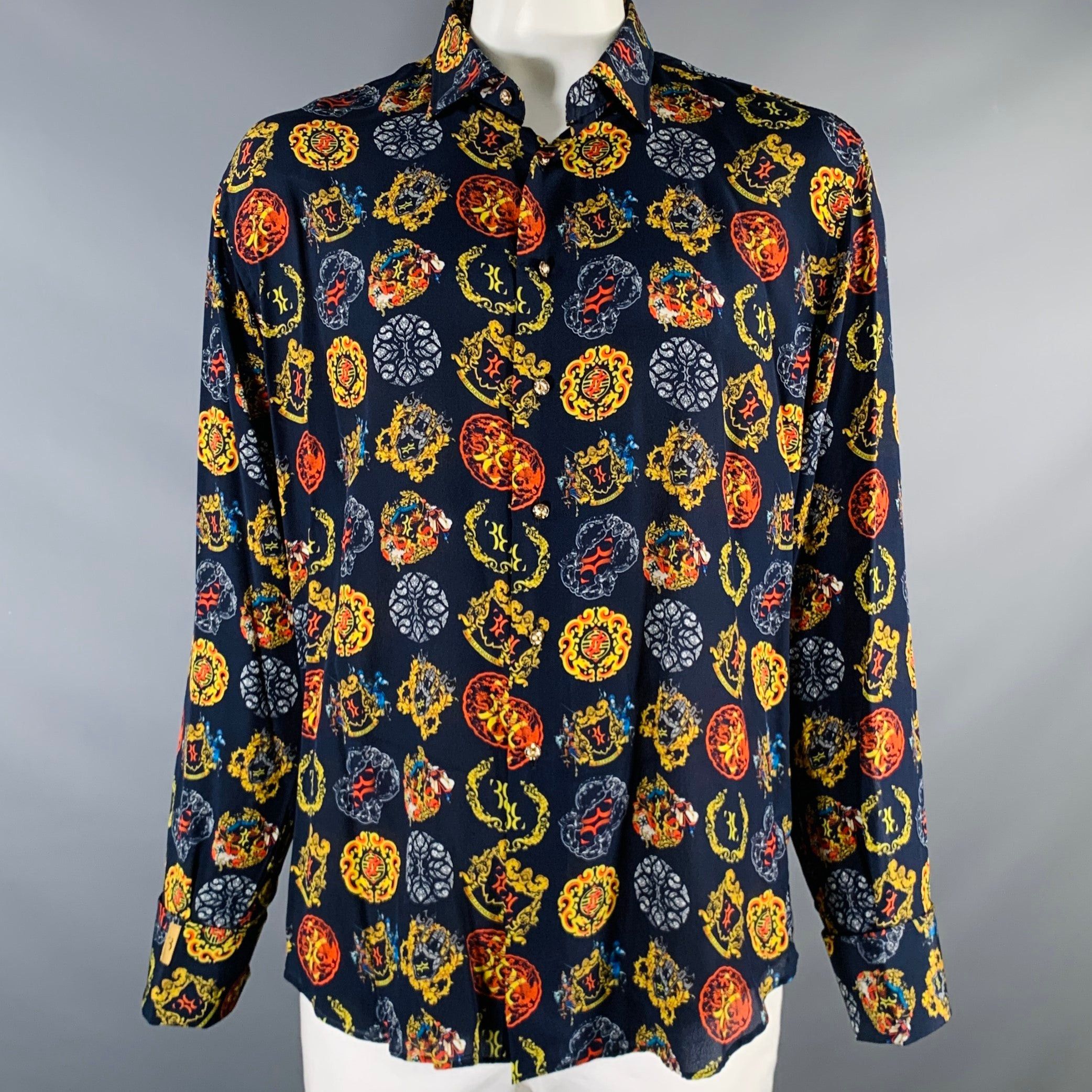 Image of Billionaire Couture Navy Multicolor Print Silk Long Sleeve Shirt, Men's (Size XL)