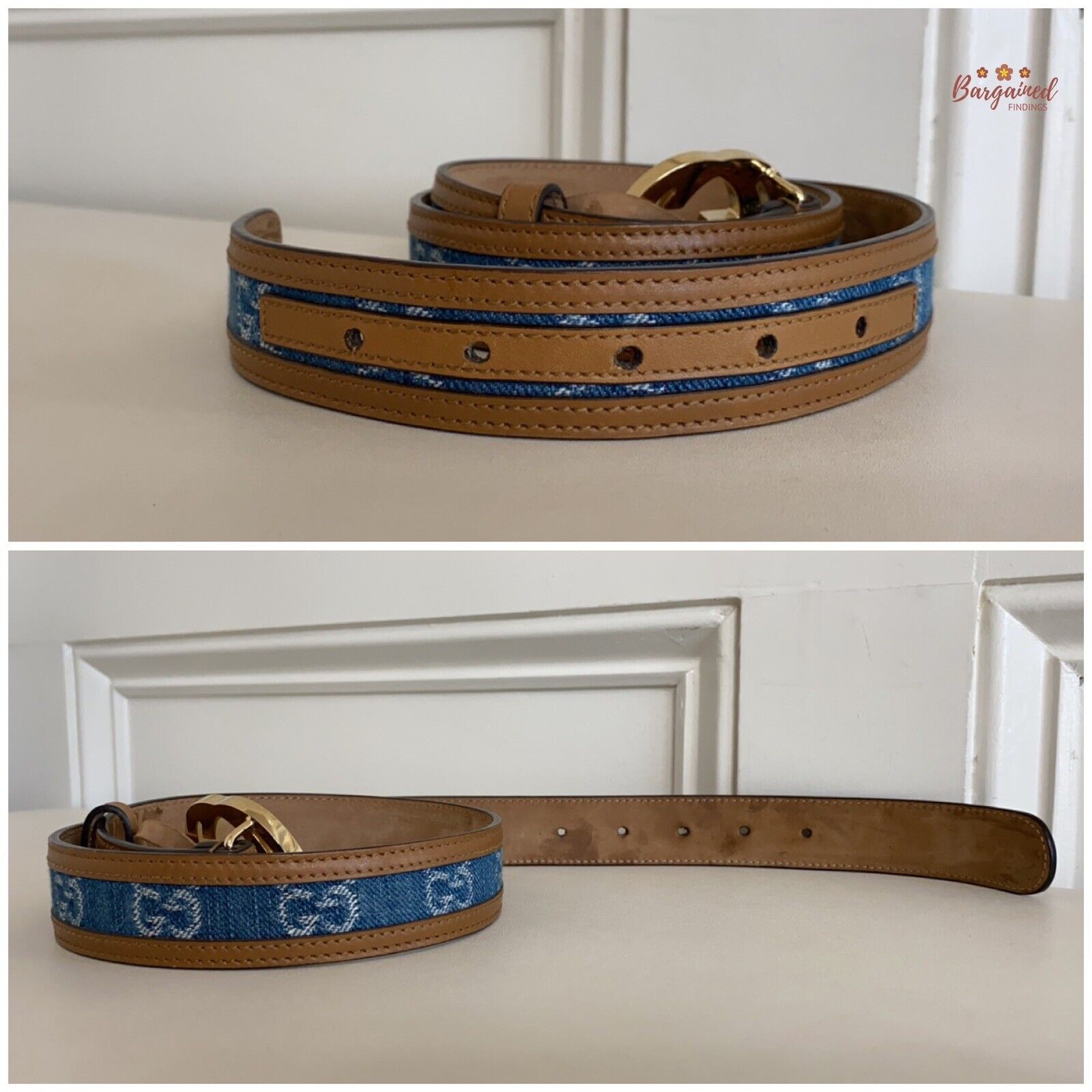 Gucci Gucci Blue GG Denim Leather Gold Interlocking G Buckle Belt Size 28 - 2 Thumbnail