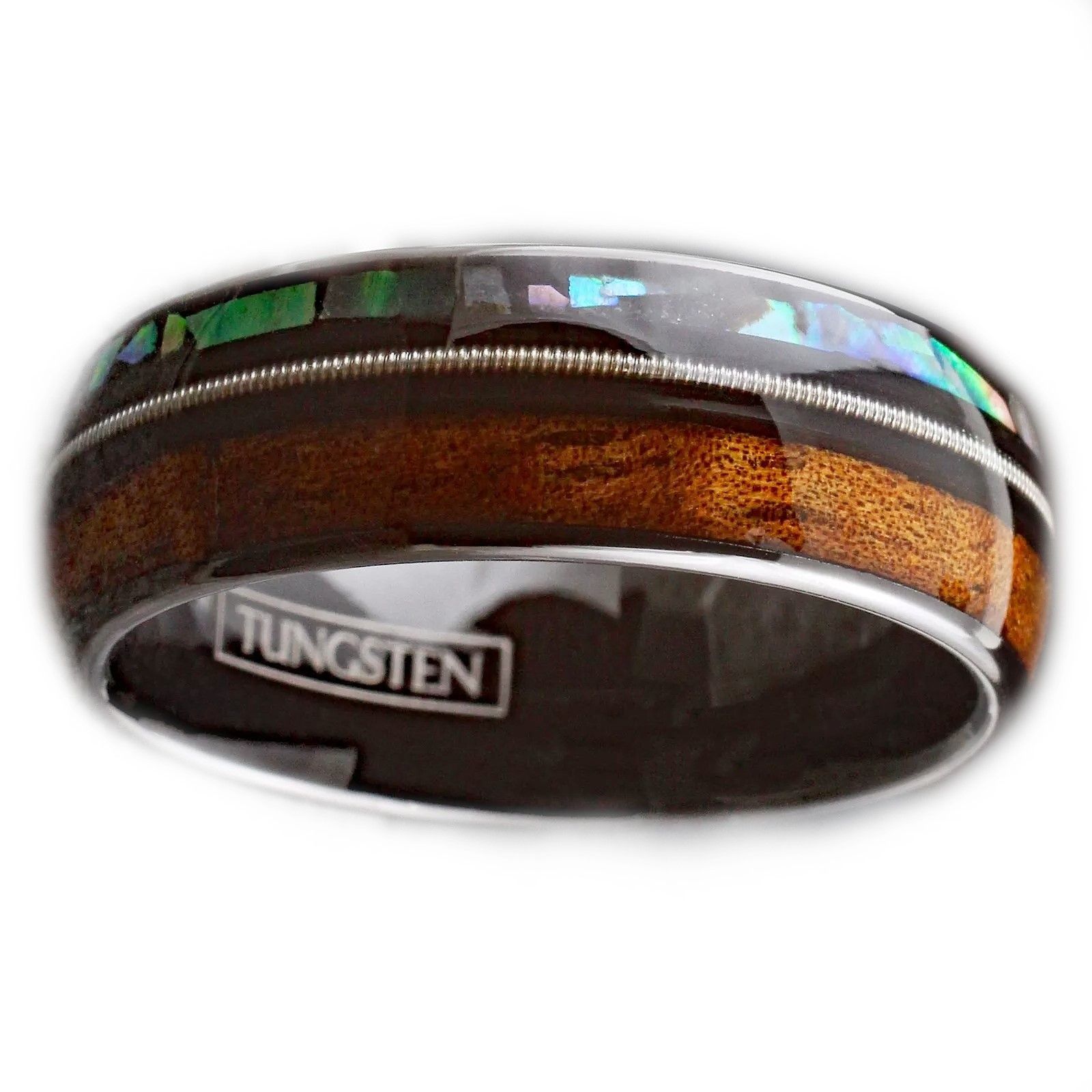 Other Tungsten Carbide Koa Wood Abalone & Guitar String Band Ring Size ONE SIZE - 1 Thumbnail