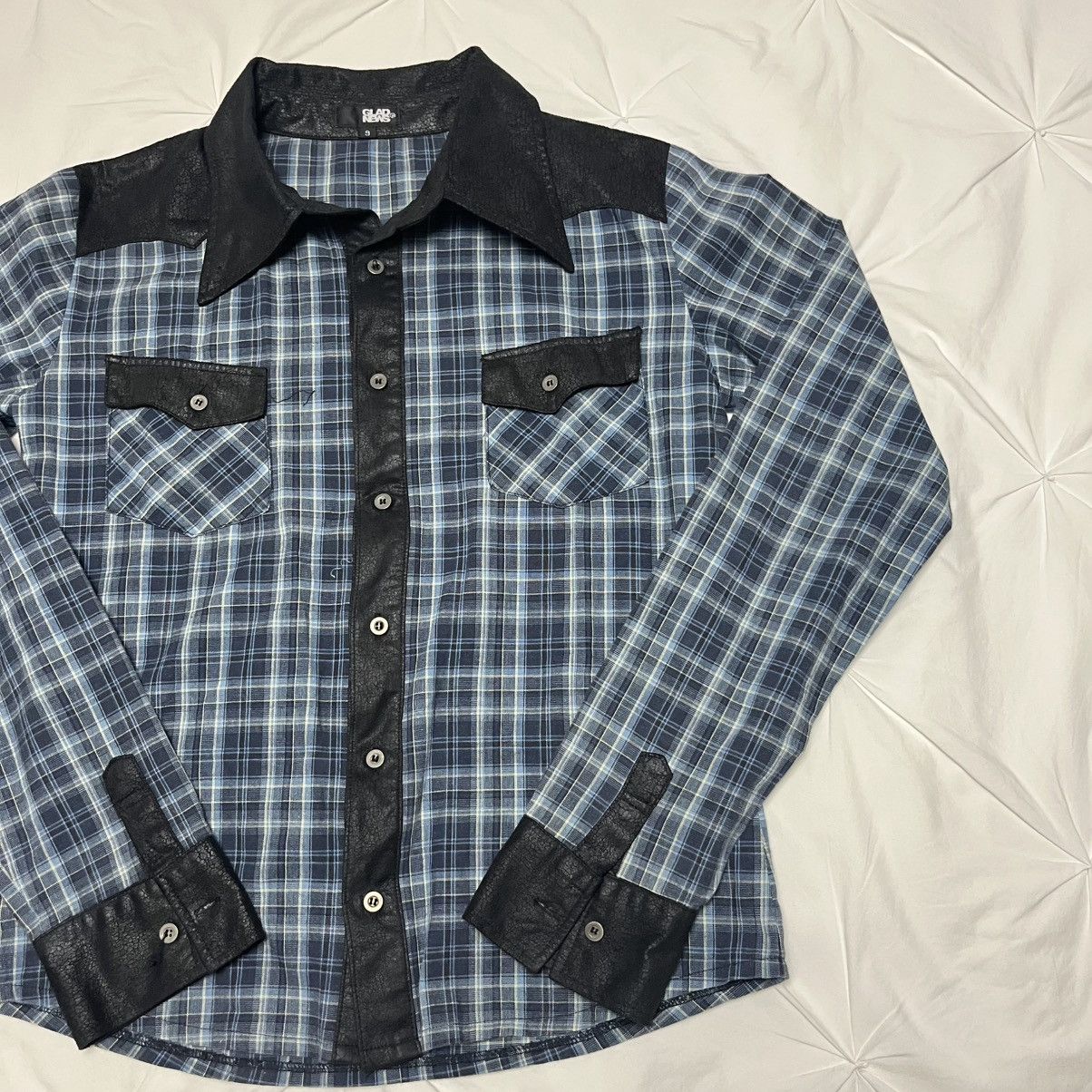 If Six Was Nine × Le Grande Bleu (L.G.B.) × Tornado Mart Pearl Snap Glad News Button Up Cracked Leather/Flannel Size US XS / EU 42 / 0 - 5 Thumbnail