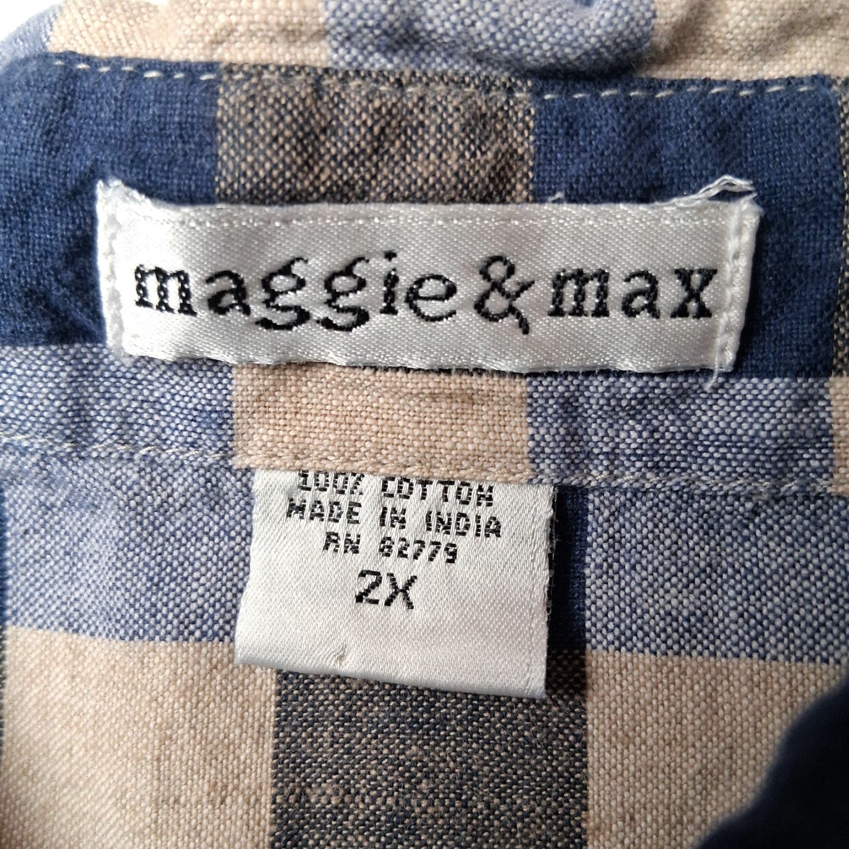 Vintage VINTAGE Maggie & Max Button-Up Blouse 2X Plus Size Casual Short Sleeve Tan Blue Gingham Check Embroidered Floral Womens Size XXL / US 16-18 / IT 52-54 - 4 Thumbnail