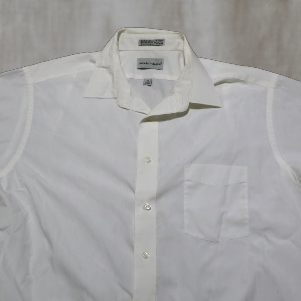 Vintage David Taylor Collection Solid White Dress Shirt Adult Size 17 Long Sleeve Button-Down Classic Mens Size 46R - 1 Thumbnail