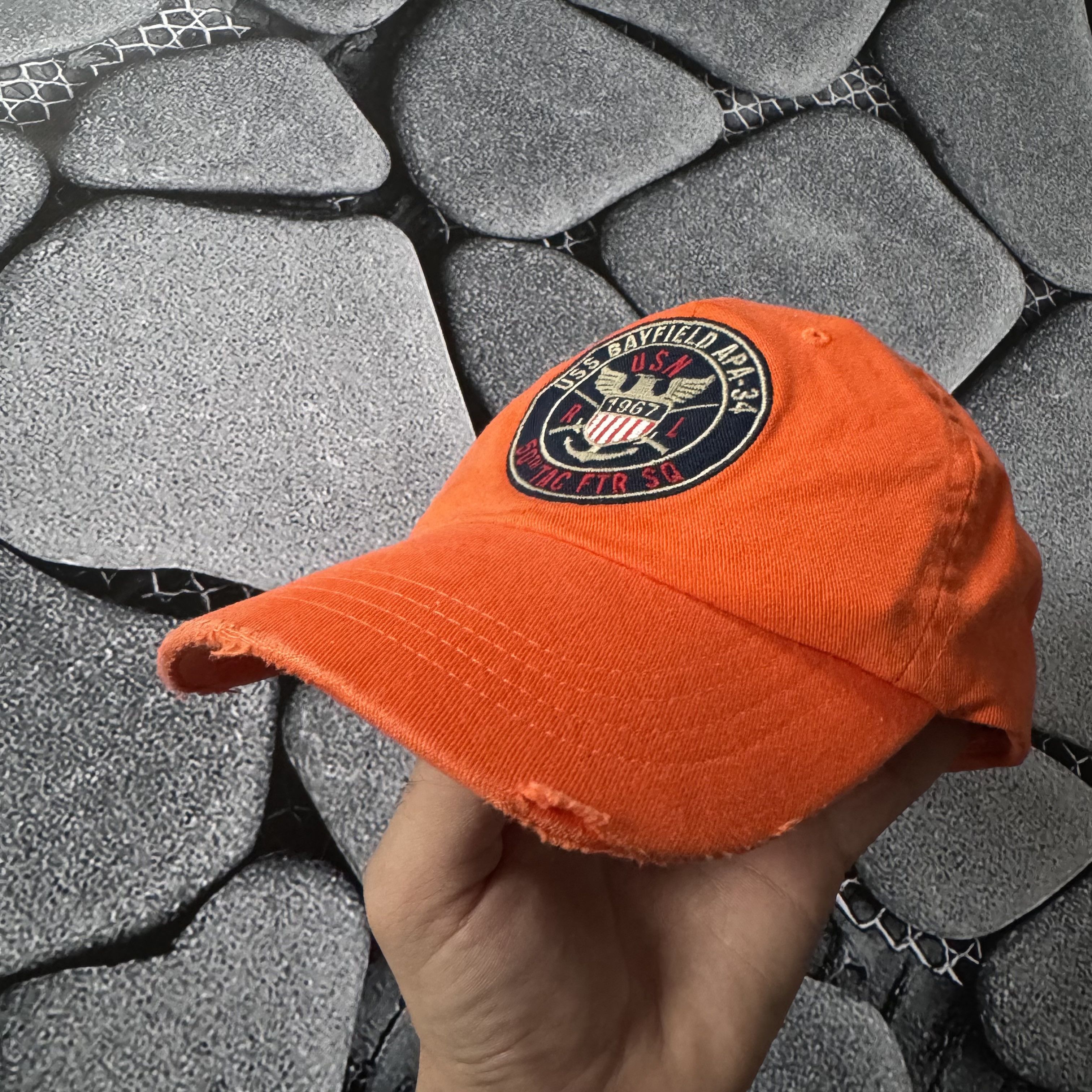 Polo Ralph Lauren × Vintage POLO RALPH LAUREN USS BAYFIELD APA 34 DISTRESSED CAP ORANGE Size ONE SIZE - 1 Thumbnail