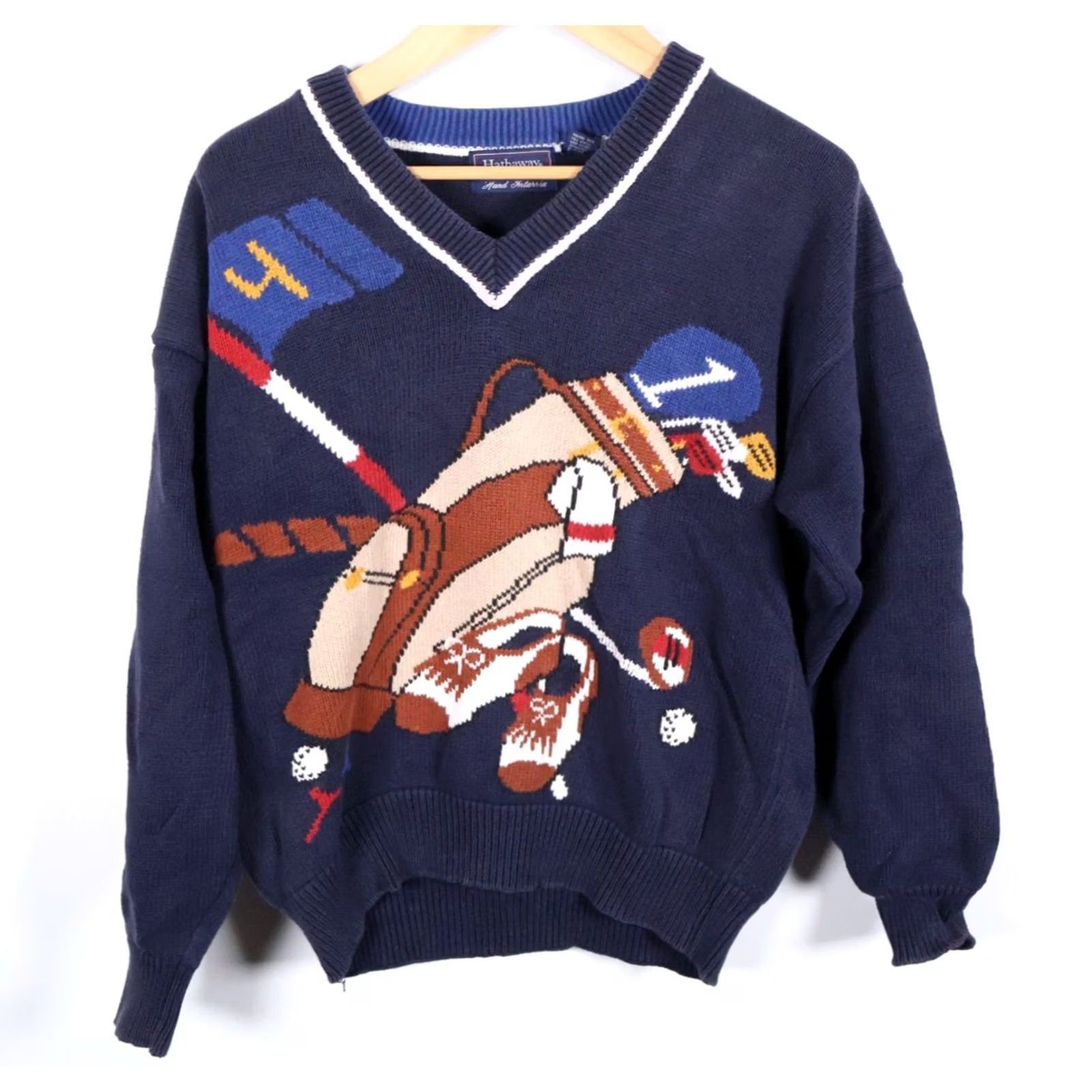 Vintage VINTAGE Hathaway Golf Sweater Mens Large Dark Blue Intarsia Pattern V-Neck 90s Golf Theme Pullover Regular Knit Cotton Heavyweight Size US L / EU 52-54 / 3 - 2 Thumbnail