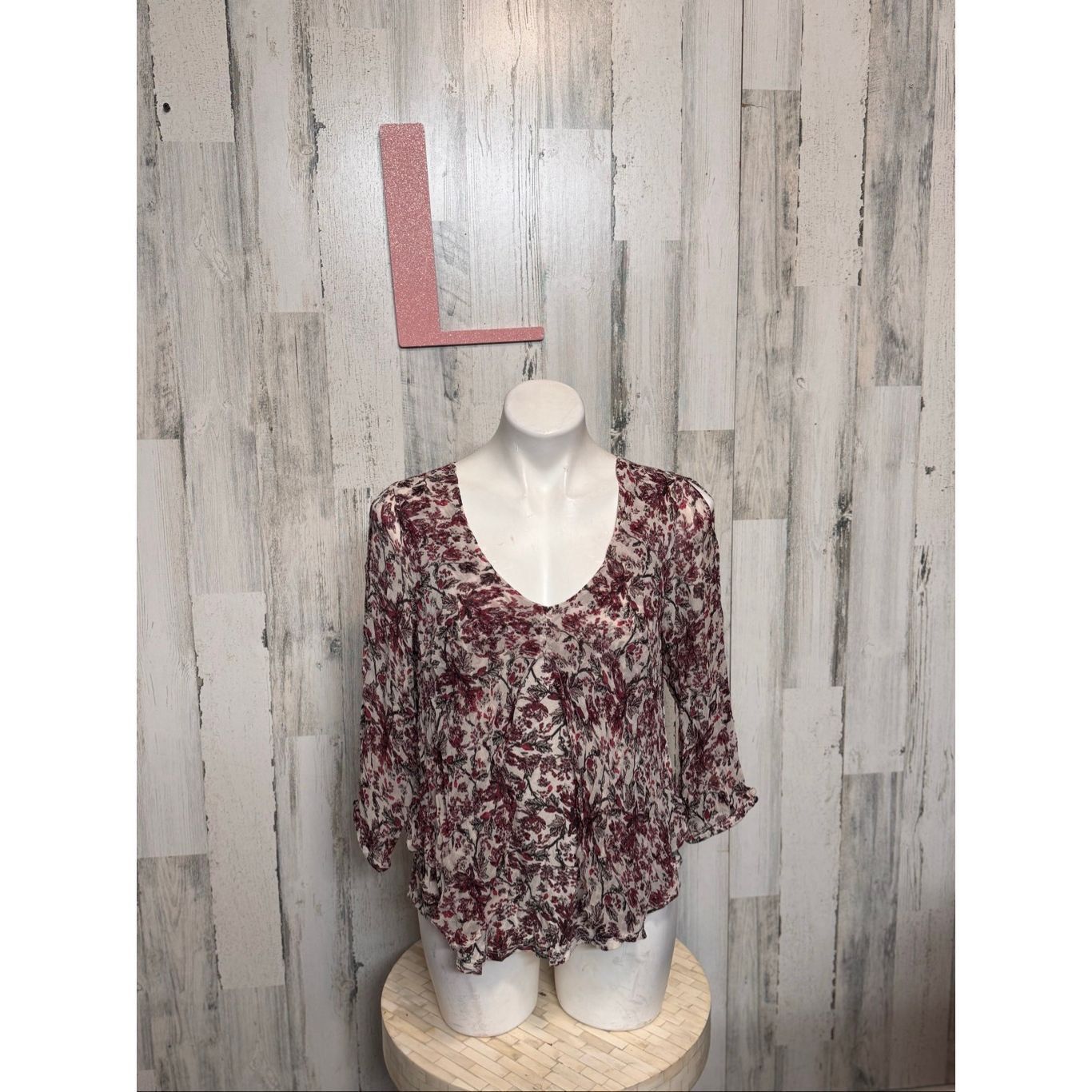 Lucky Brand Lucky Brand Boho Floral Peasant Top | Burgundy Cream Sheer Flowy Blouse – Size Large Size L / US 10 / IT 46 - 1 Thumbnail