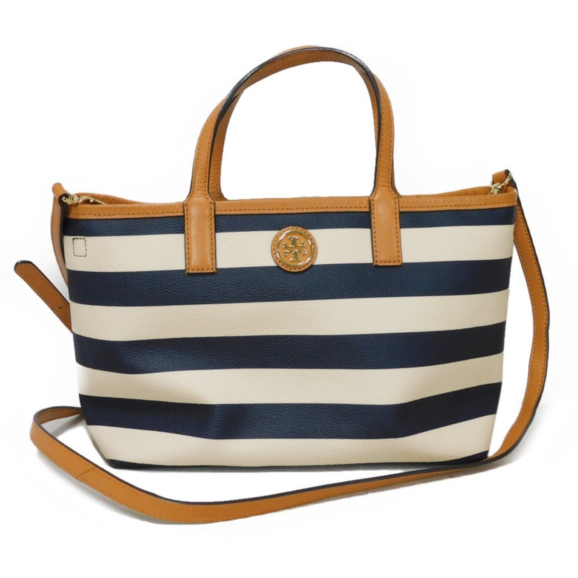 Tory Burch Tote Bag Border Brown Navy Shoulder Crossbody Double T Pvc Beige Women's