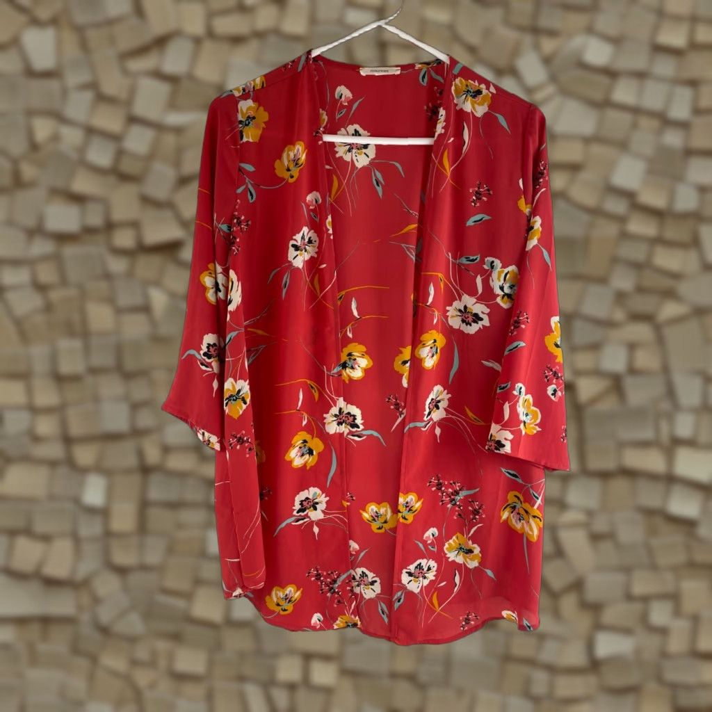 Vintage Maurices Sweater Women’s Medium Floral Redish Pink Kimono Open Cardigan Modern Fall Winter Spring Casual Womens Size M / US 6-8 / IT 42-44 - 1 Thumbnail