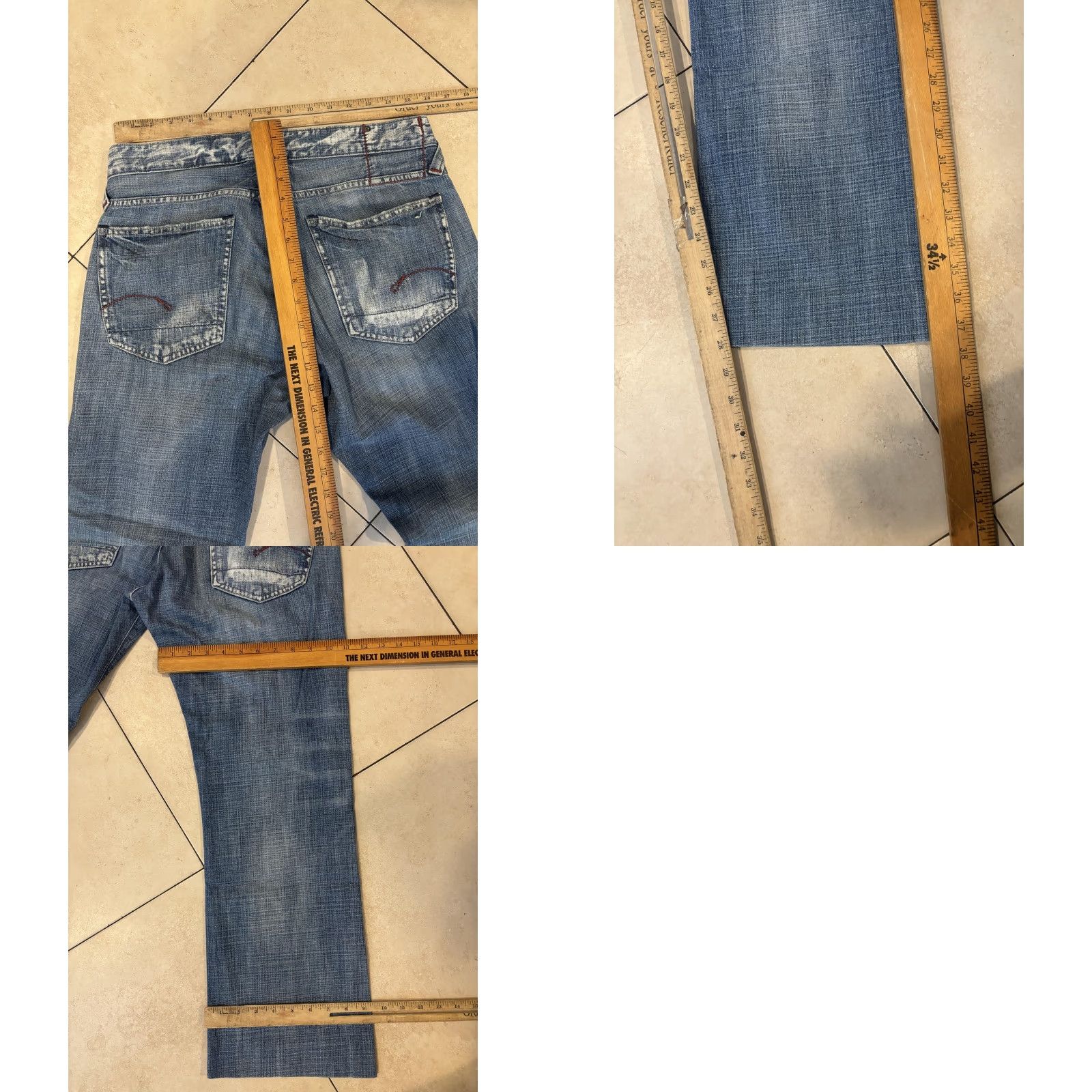 Vintage G-Star RAW Jeans Mens 33x34 Blue Distressed Straight Leg Denim Red Stitching Jeans Size US 33 - 8 Thumbnail