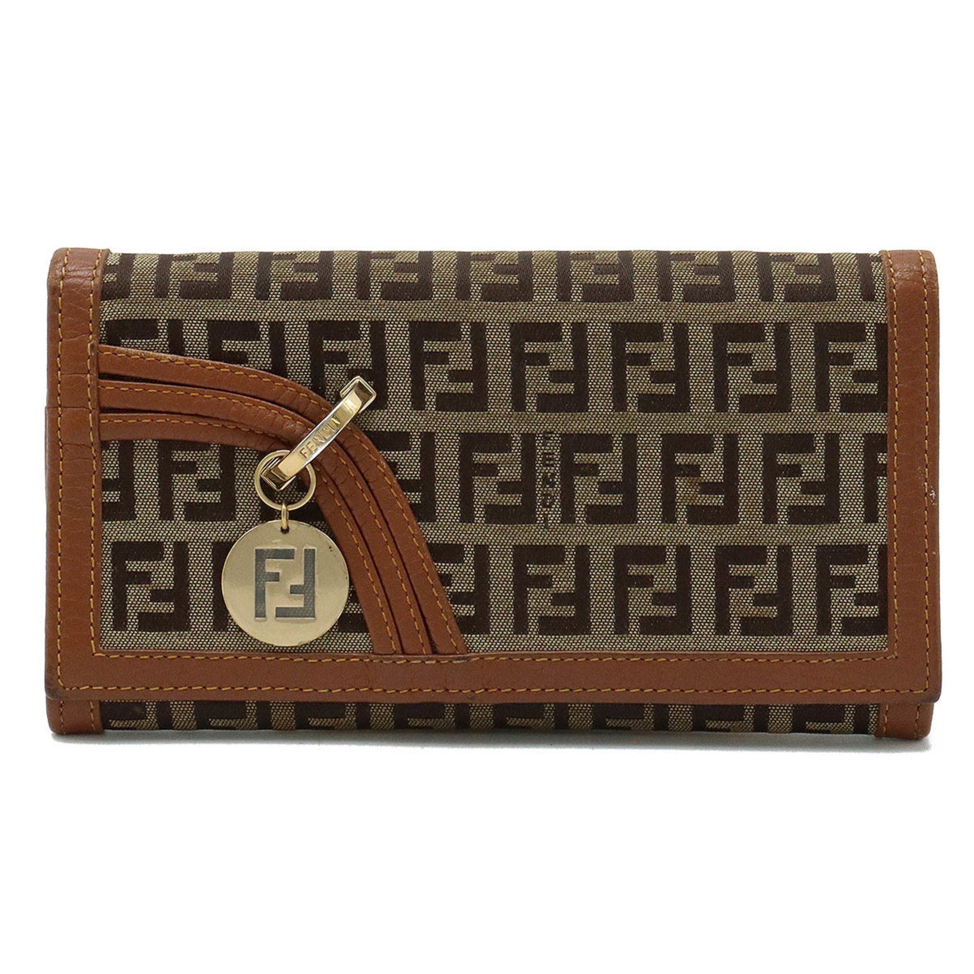 image of Fendi Zucchino Bi-Fold Long Wallet Canvas Leather Khaki Beige Camel 8M0179, Women's