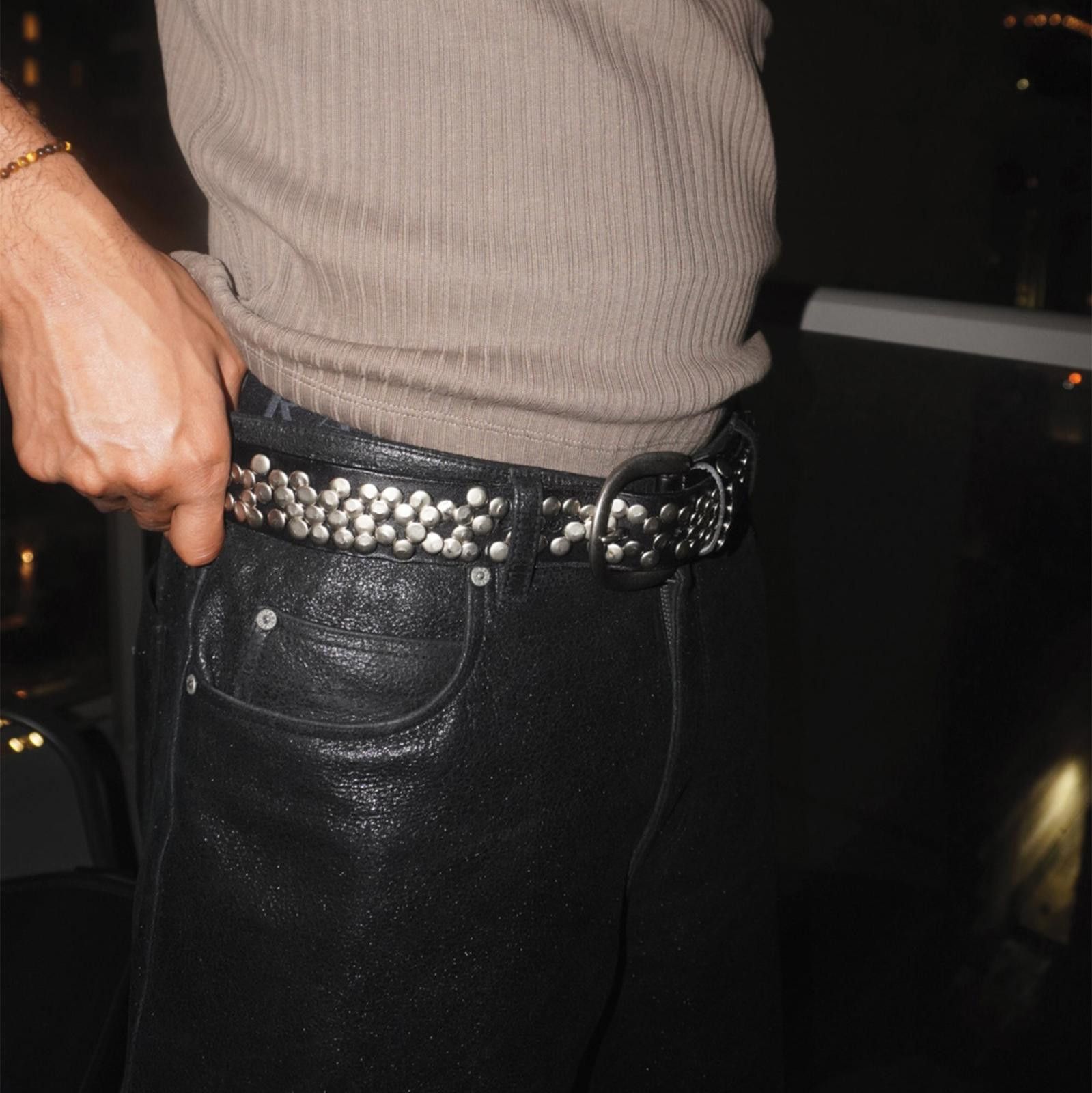 Japanese Brand Black Studded Leather Belt, Silver Round Stud Belt Size ONE SIZE - 1 Thumbnail