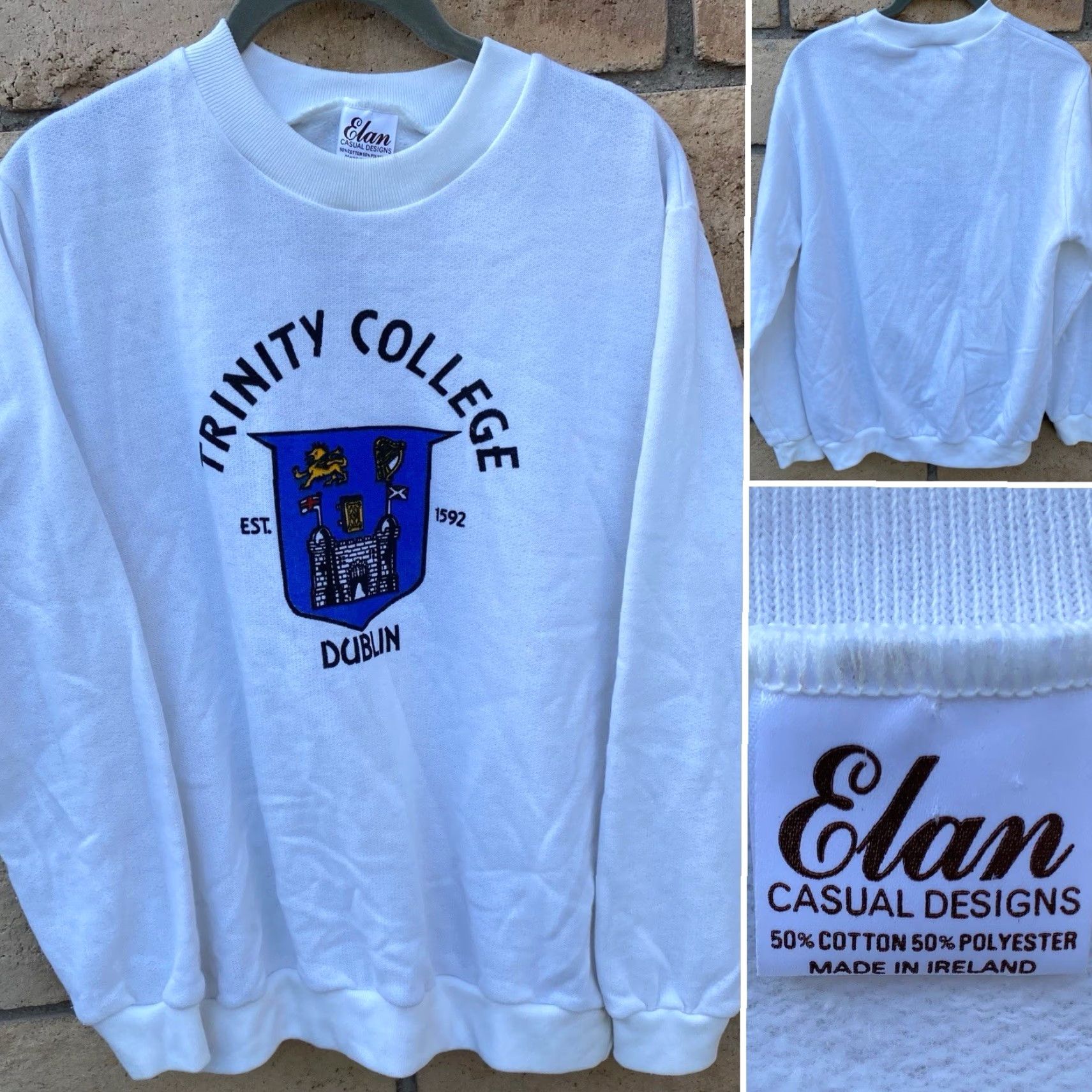 Vintage VINTAGE Elan Casual Designs Trinity College Dublin Sweatshirt Crew Neck Long Sleeve White 50/50 Cotton Polyester Men L Ireland Graphic Print Size US L / EU 52-54 / 3 - 2 Thumbnail