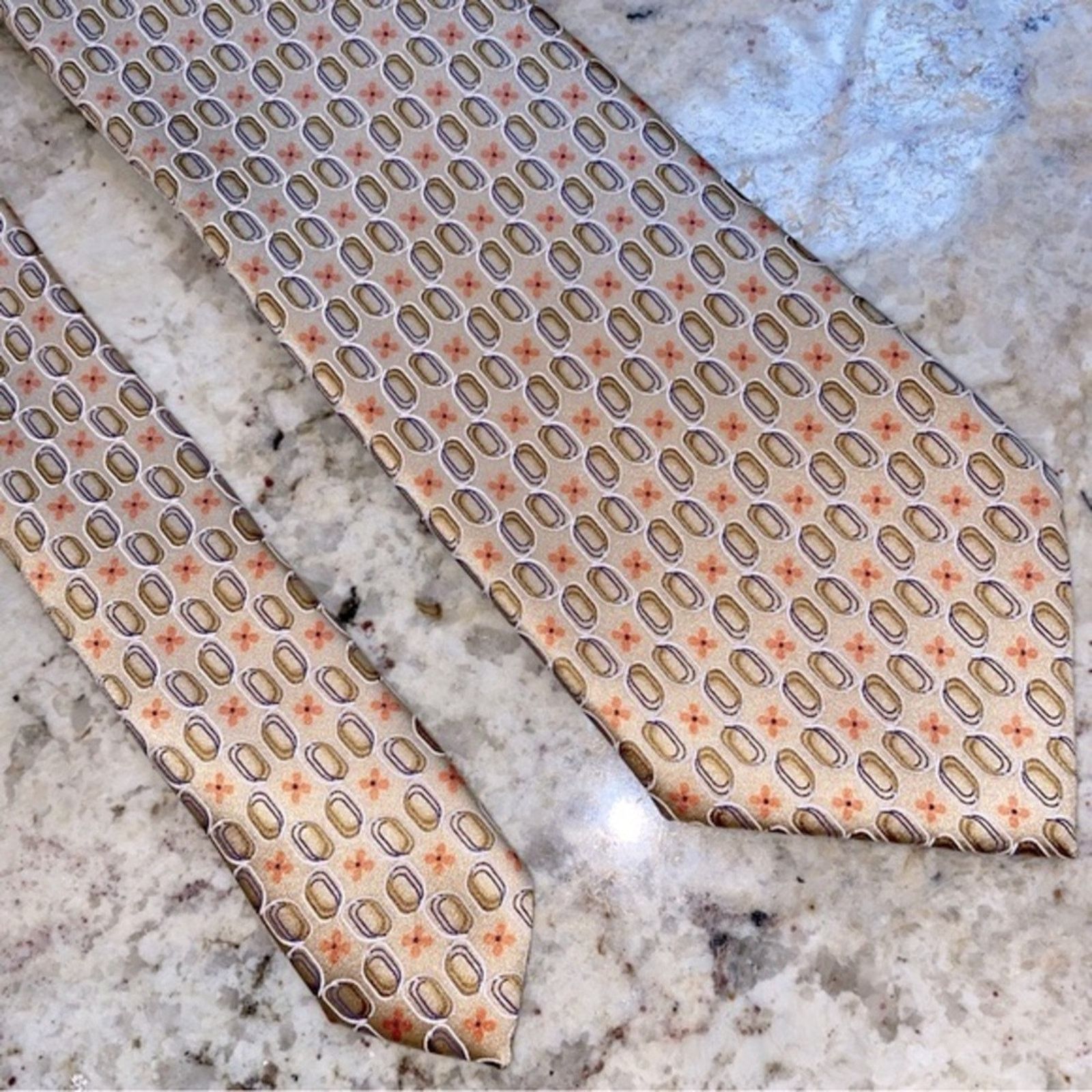 Ermenegildo Zegna $220 Ermenegildo Zegna 100% Silk Tie Italy Tan Orange Print Size ONE SIZE - 5 Thumbnail